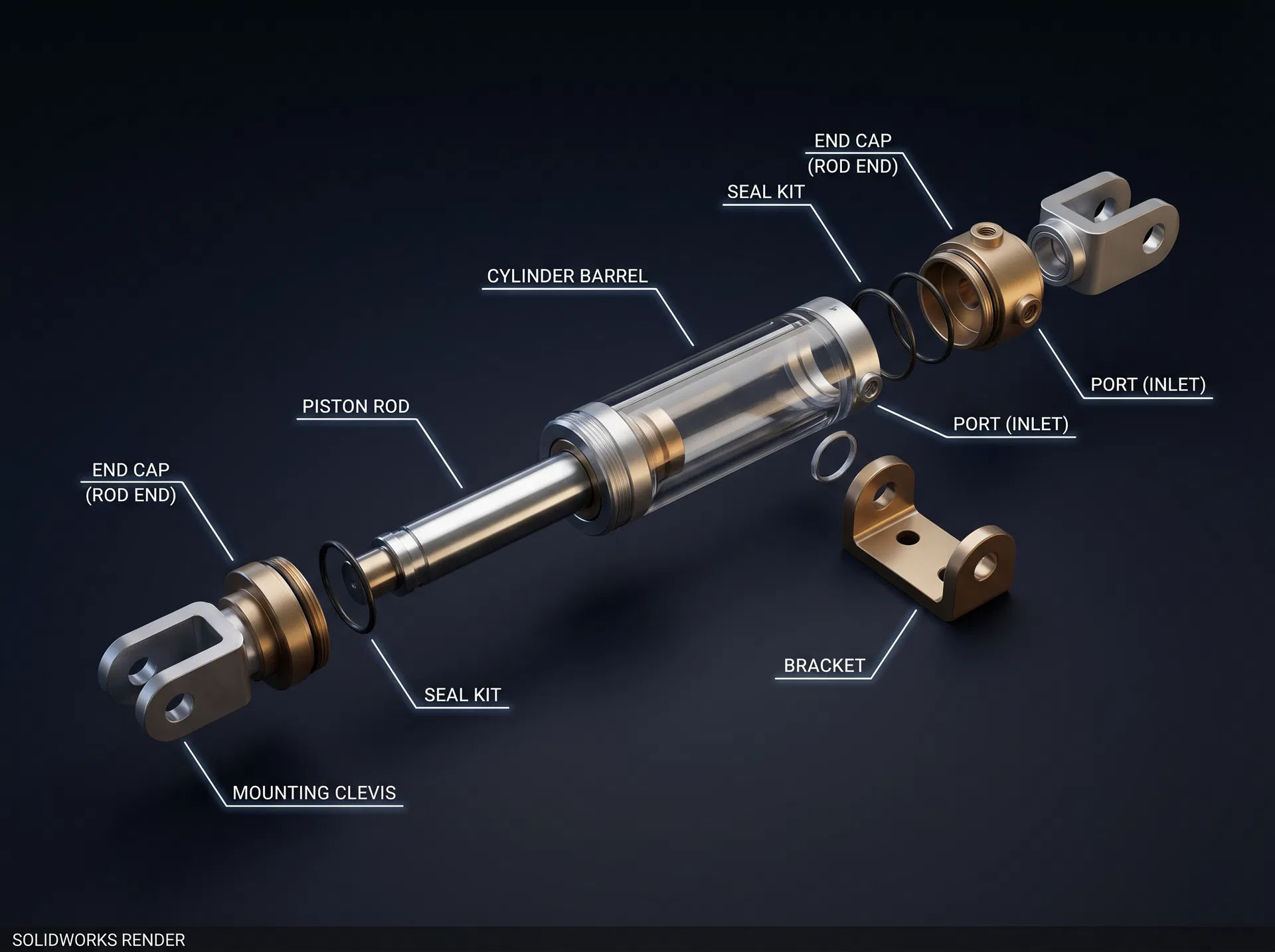SolidWorks exploded view hydraulic cylinder assembly