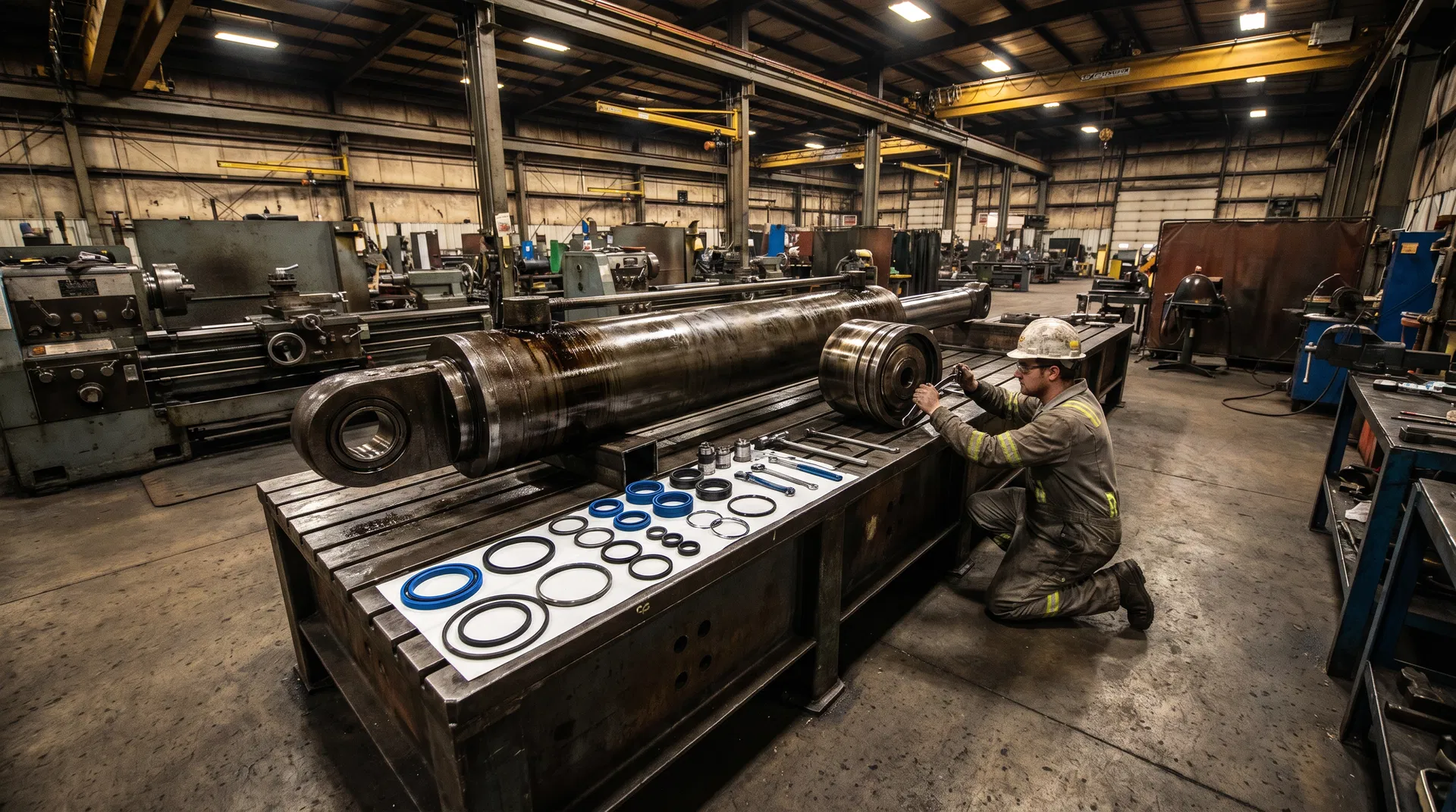 Massive crane cylinder being rebuilt at Mercury Hydraulics