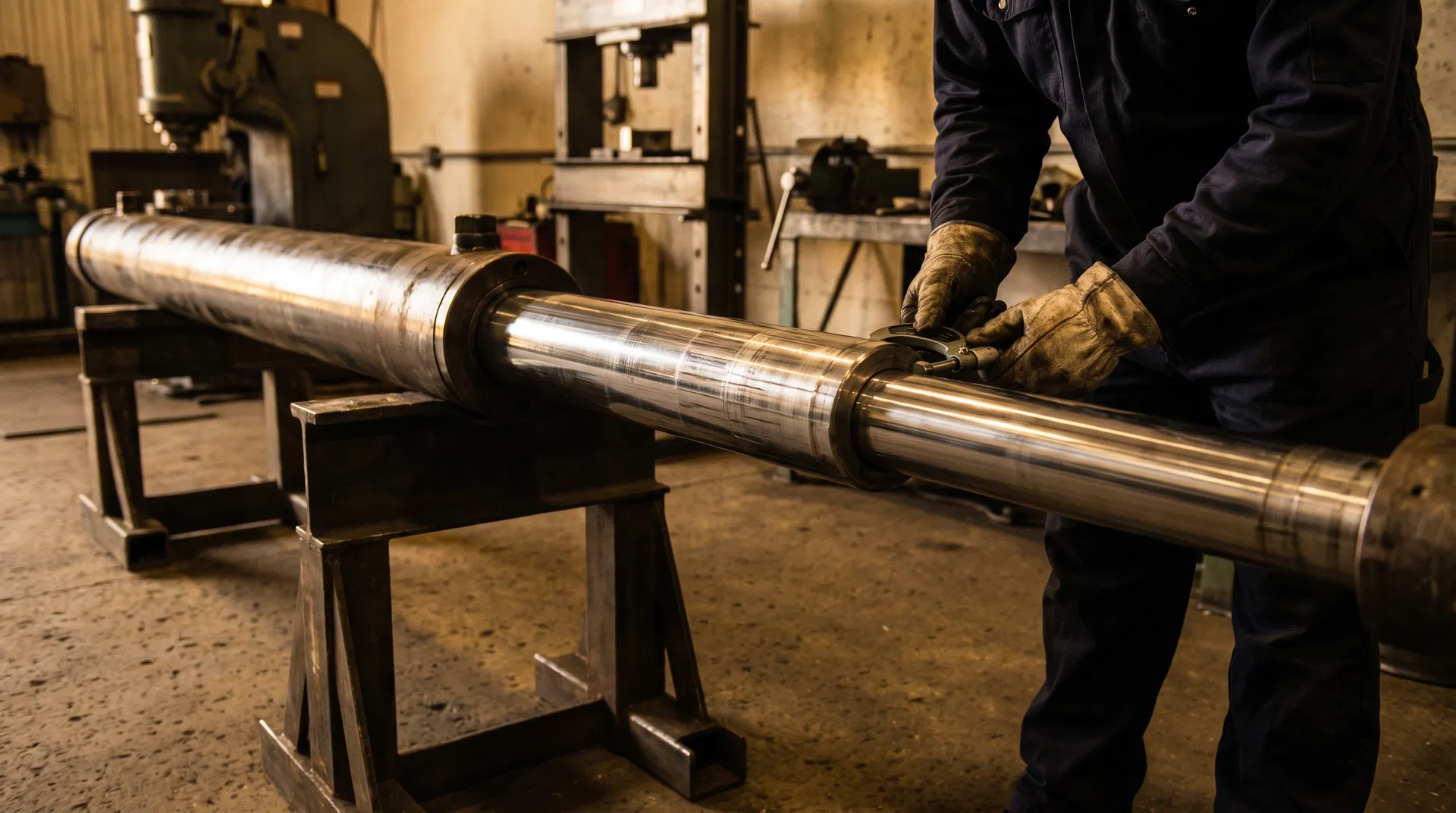 Technician measuring a massive hydraulic cylinder rod