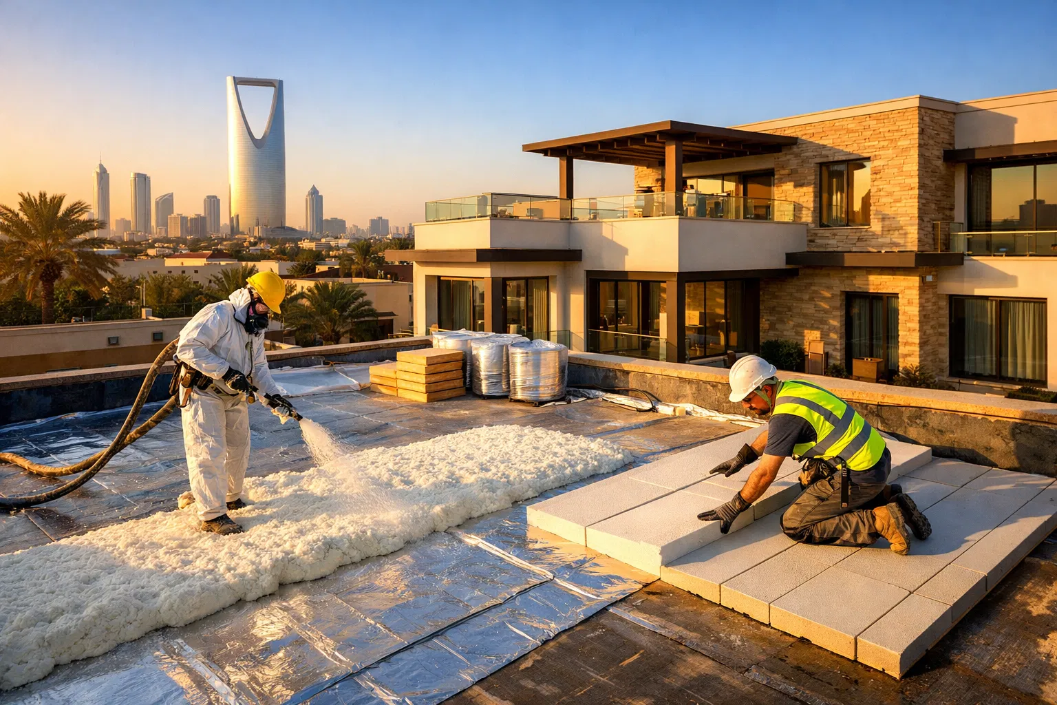 عزل أسطح احترافي بالرياض - صورة توضح عملية العزل الحراري والمائي للسطح مع فريق متخصص