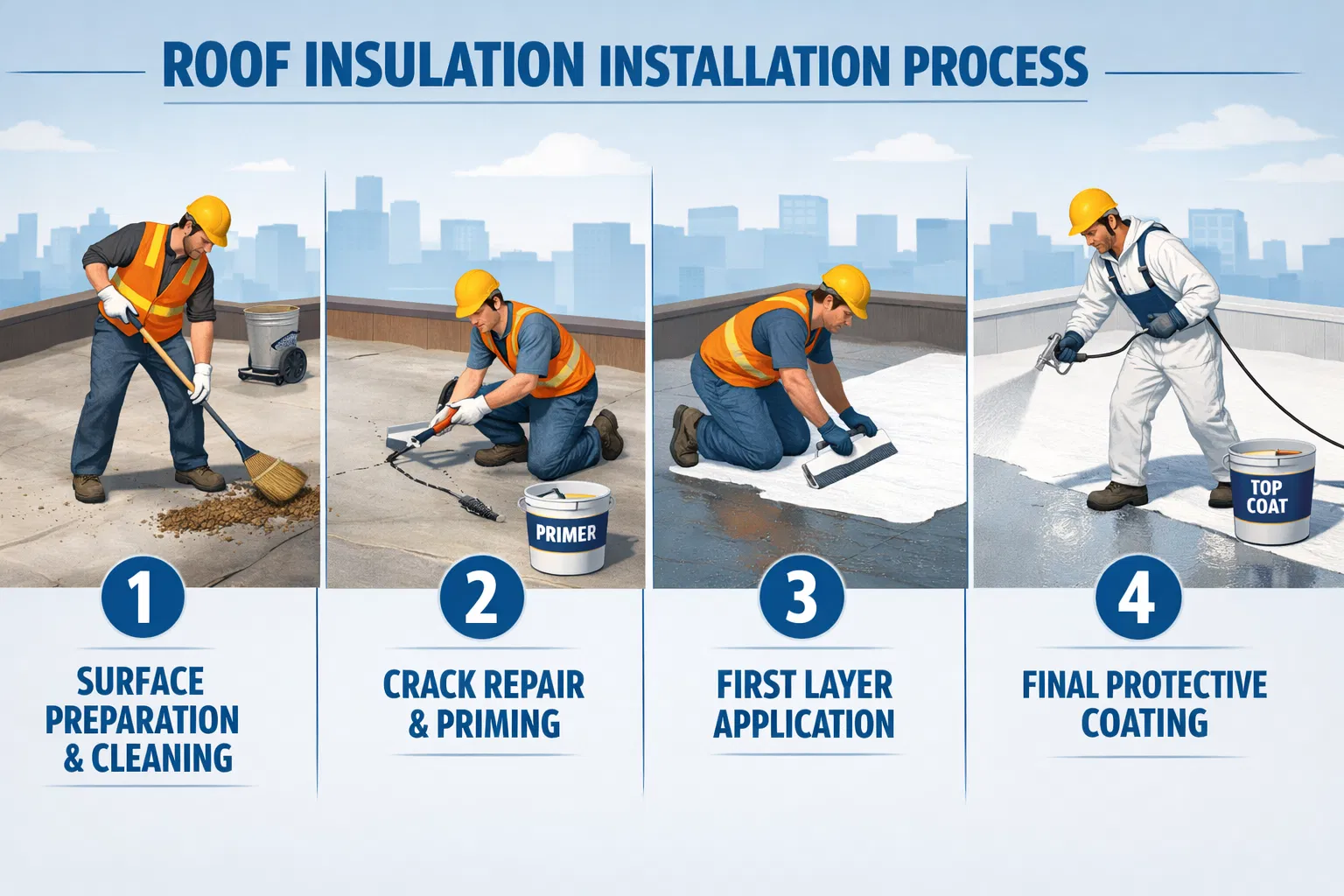 خطوات عملية عزل الأسطح - التحضير والتنظيف والإصلاح والتطبيق والطبقة النهائية
