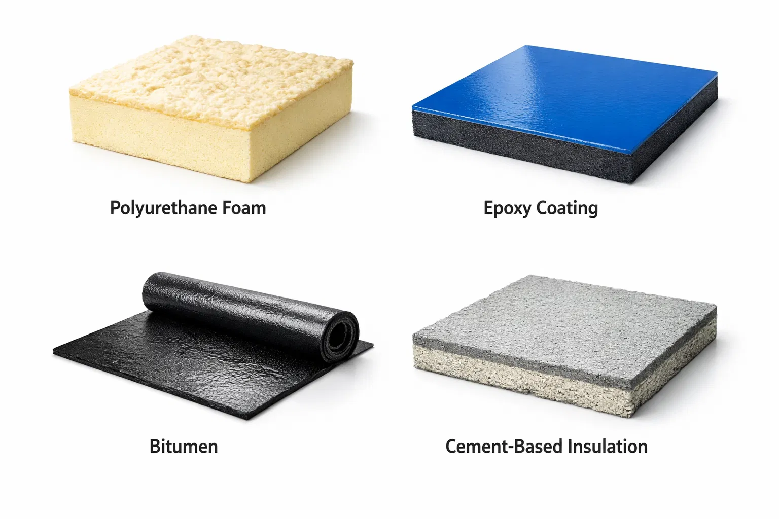 مقارنة مواد العزل المختلفة - البولي يوريثان والإيبوكسي والبيتومين والأسمنت المقاوم
