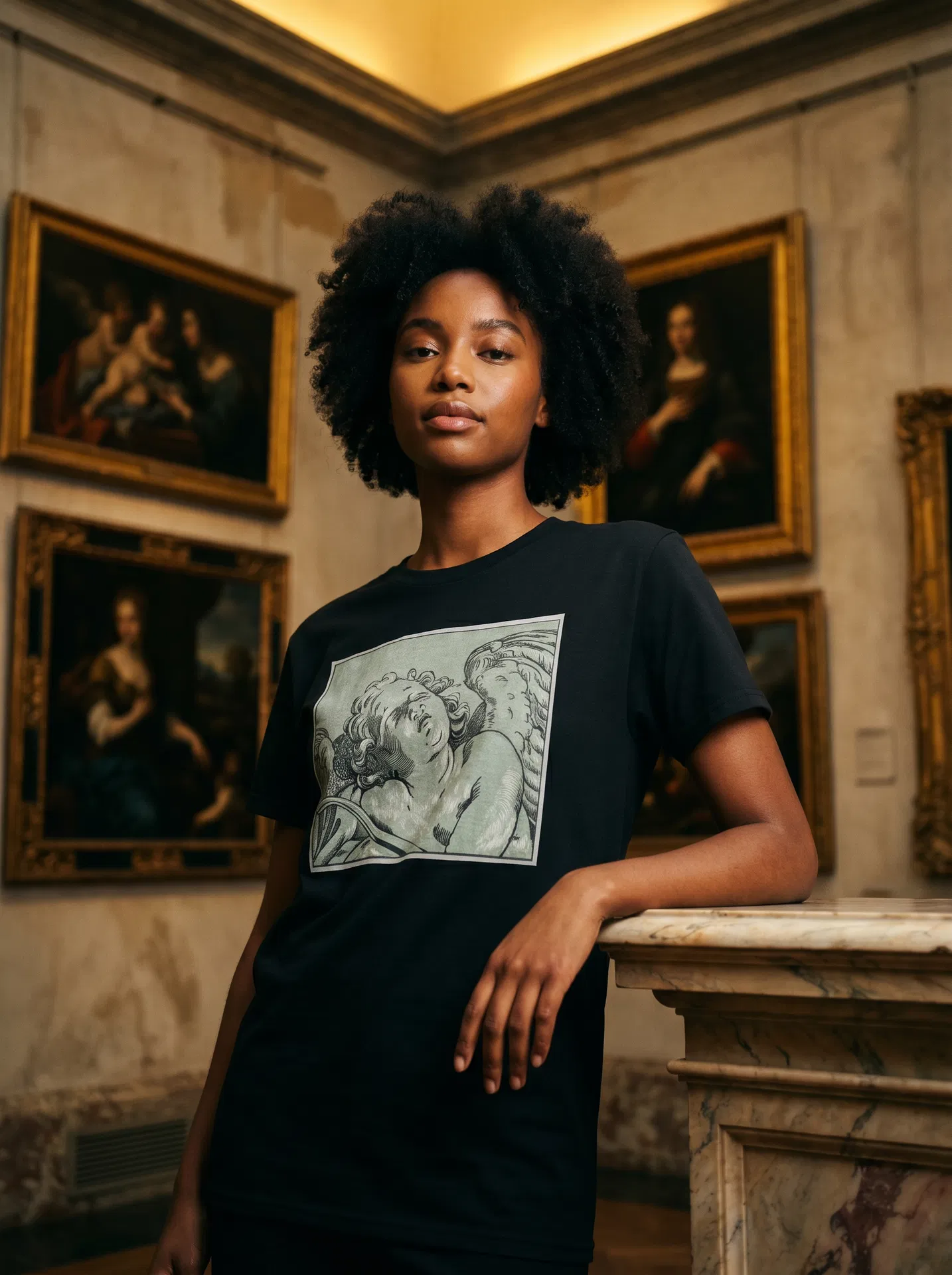 A Sleeping Cupid Tee — Specimen No. XXIV — Cupido dormiens, Renaissance chiaroscuro engraving | Black colorway