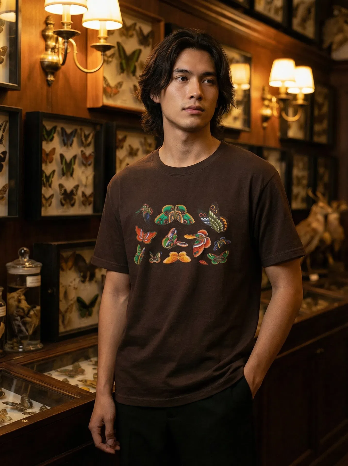 Moth & Butterfly Tee — Specimen No. XXII — Lepidoptera, Chinese naturalist illustration | Dark Chocolate colorway
