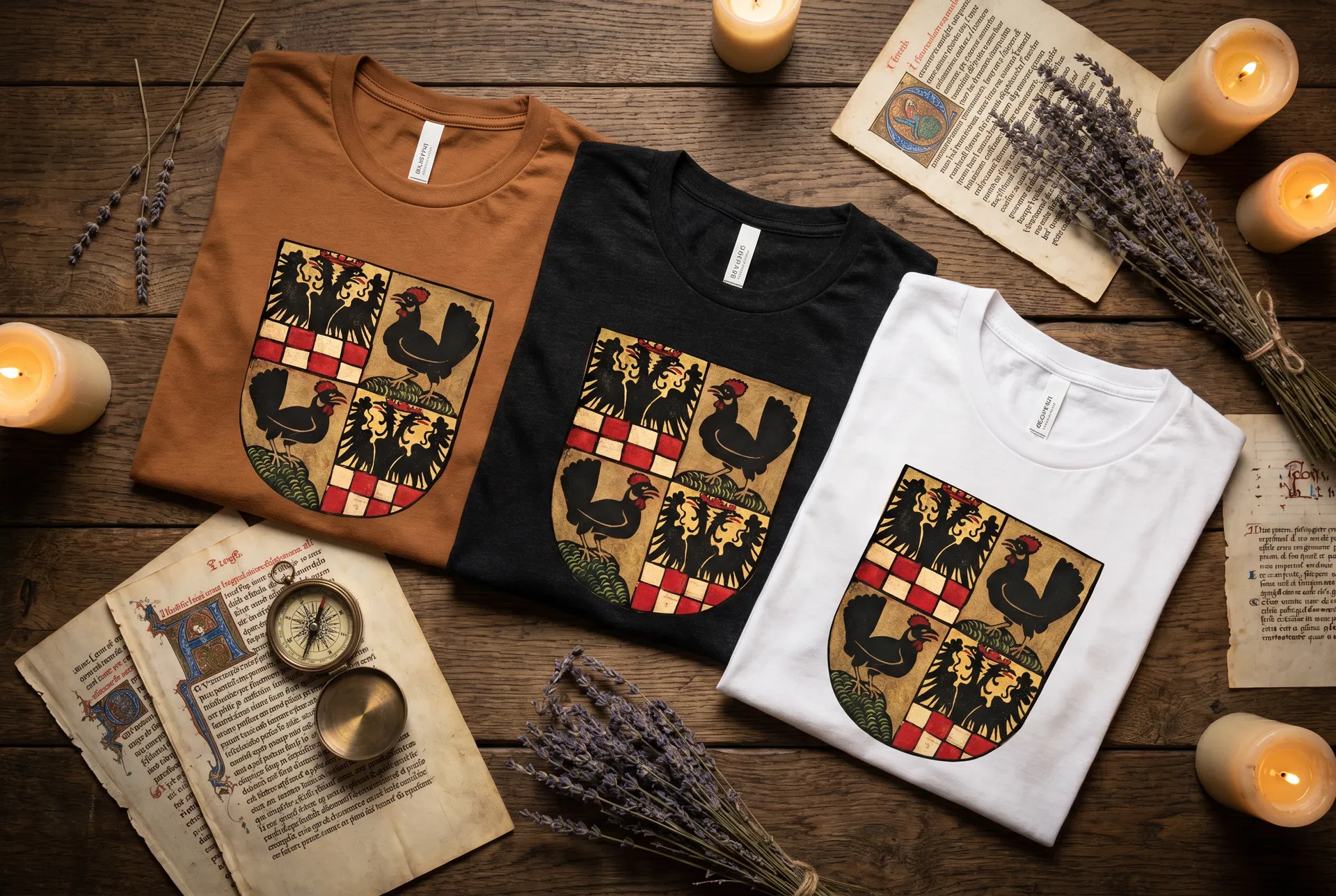 Heraldic Rooster Crest Tee — Specimen No. XXIII — Gallus heraldicus, medieval coat of arms — gallery image 3