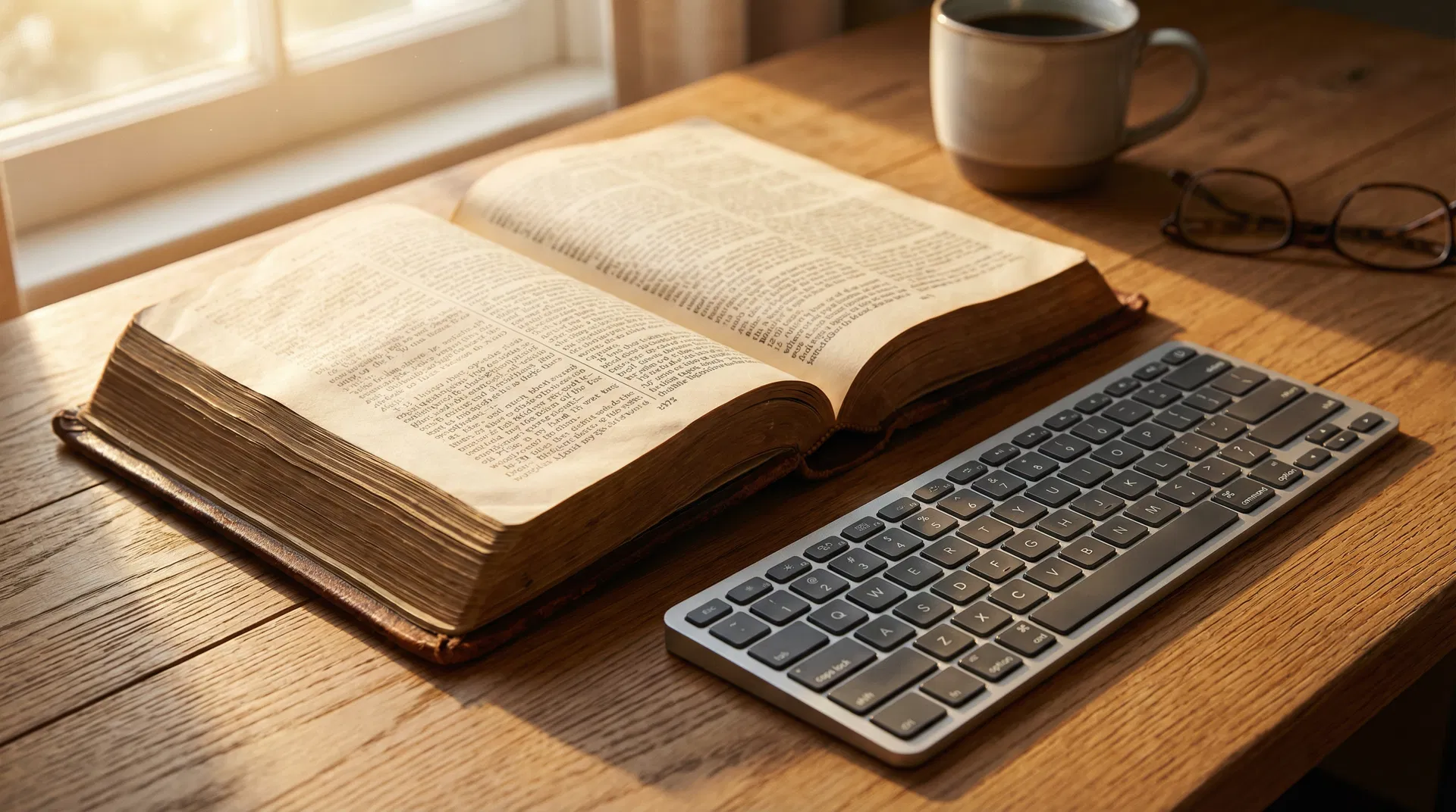 Bible and keyboard on desk