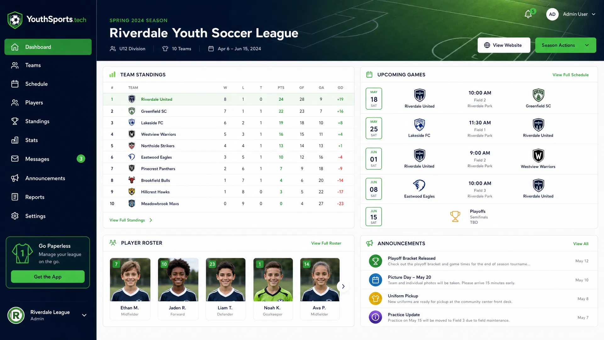 YouthSports.tech dashboard screenshot