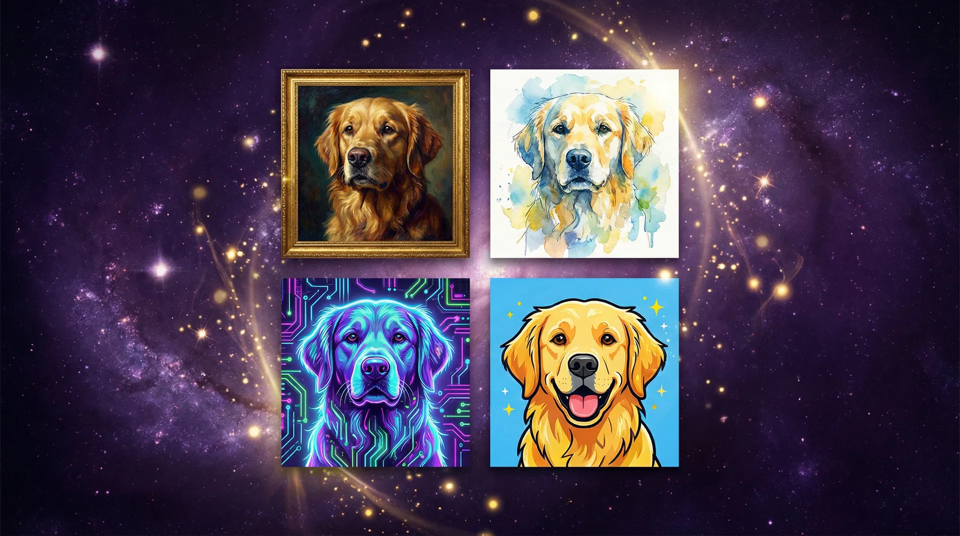 AI Pet Portraits in four artistic styles - Renaissance, Watercolor, Cyberpunk, and Cartoon