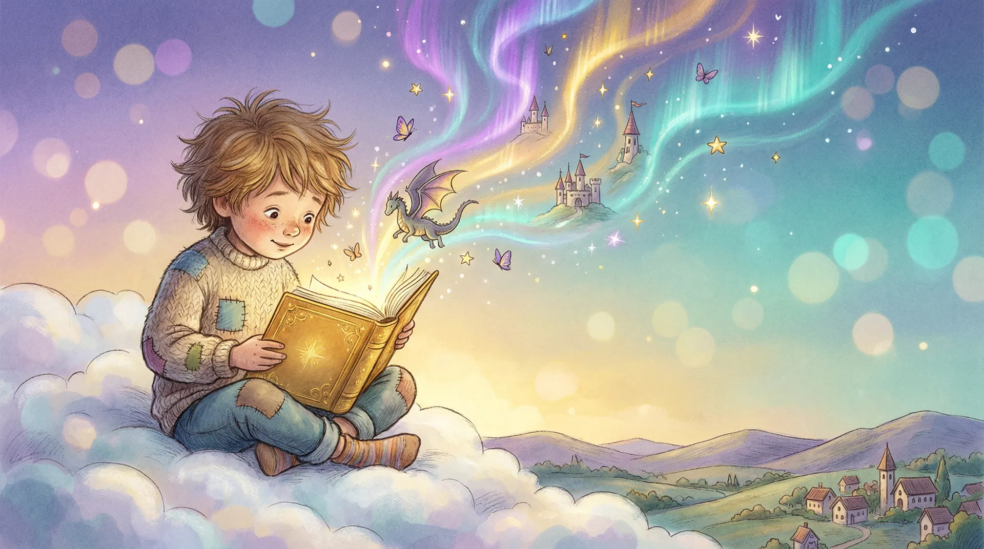 A child reading a magical glowing storybook with fantastical creatures emerging from the pages