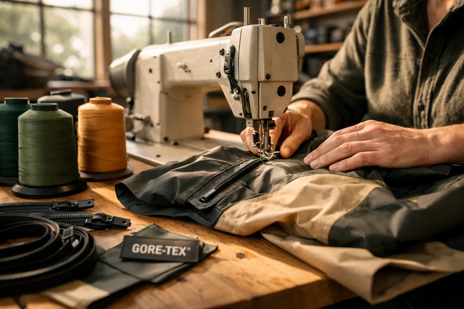 Craftsperson repairing outdoor gear at workshop