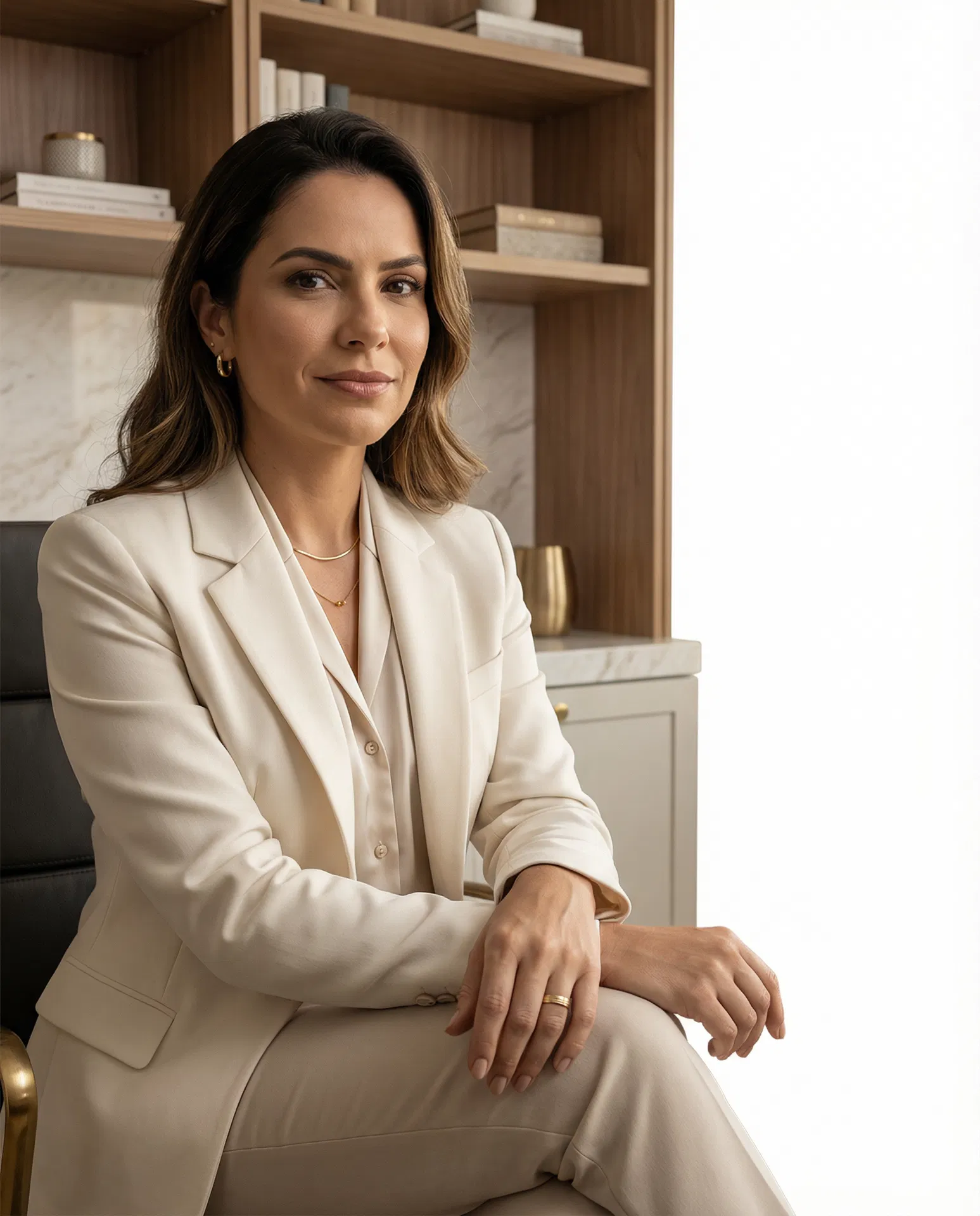 Retrato editorial elegante representando a advocacia de família de Dory Andrade