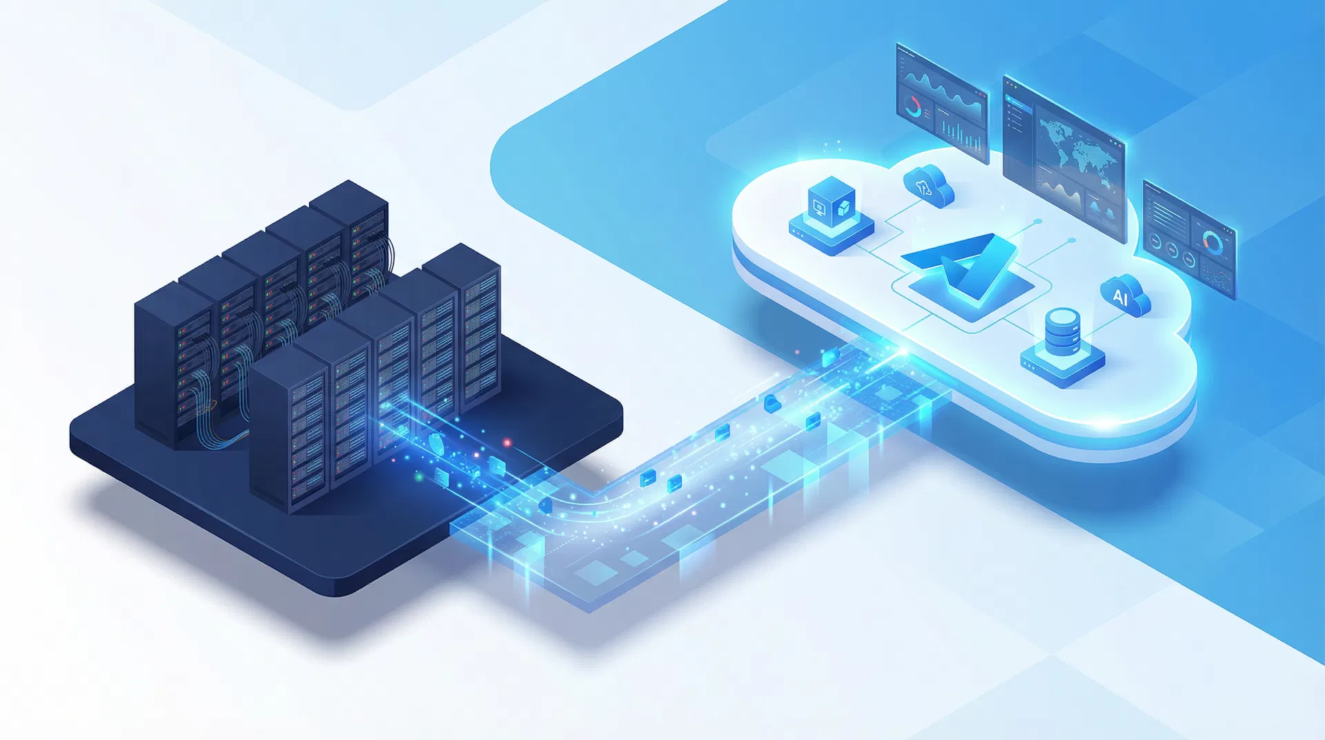 Cloud migration process showing servers transitioning to Azure cloud