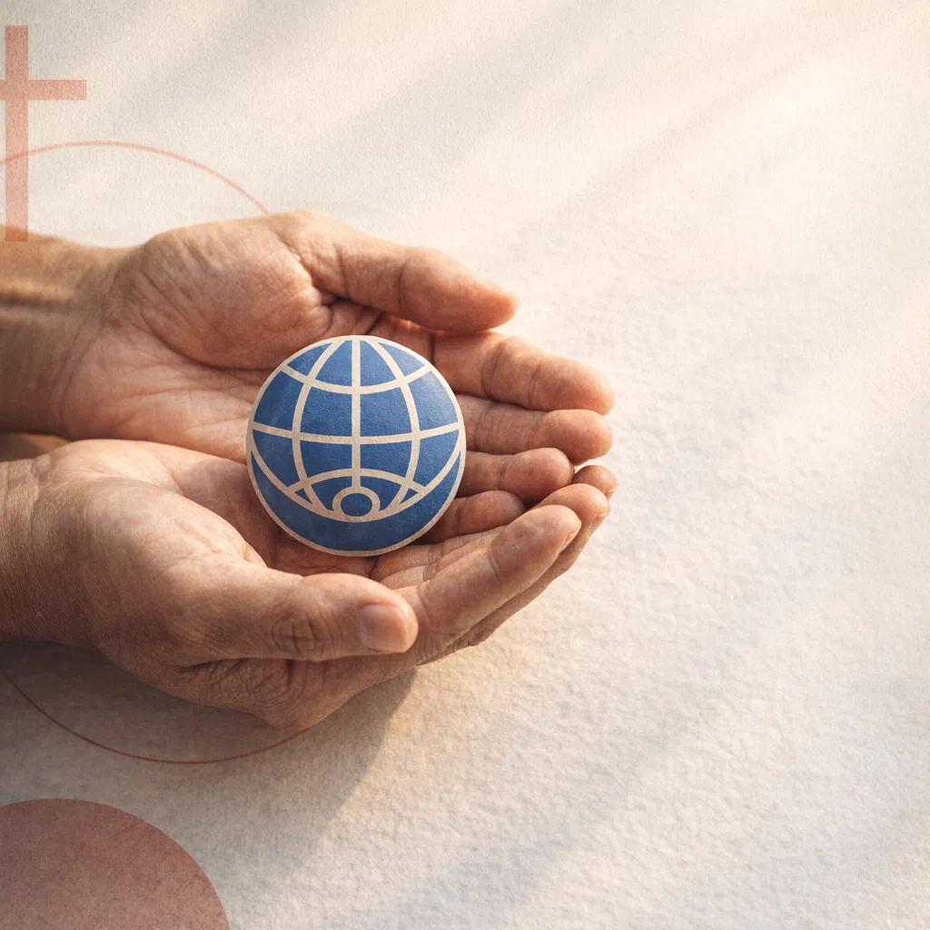 Open hands holding a globe symbol representing global mission partnership
