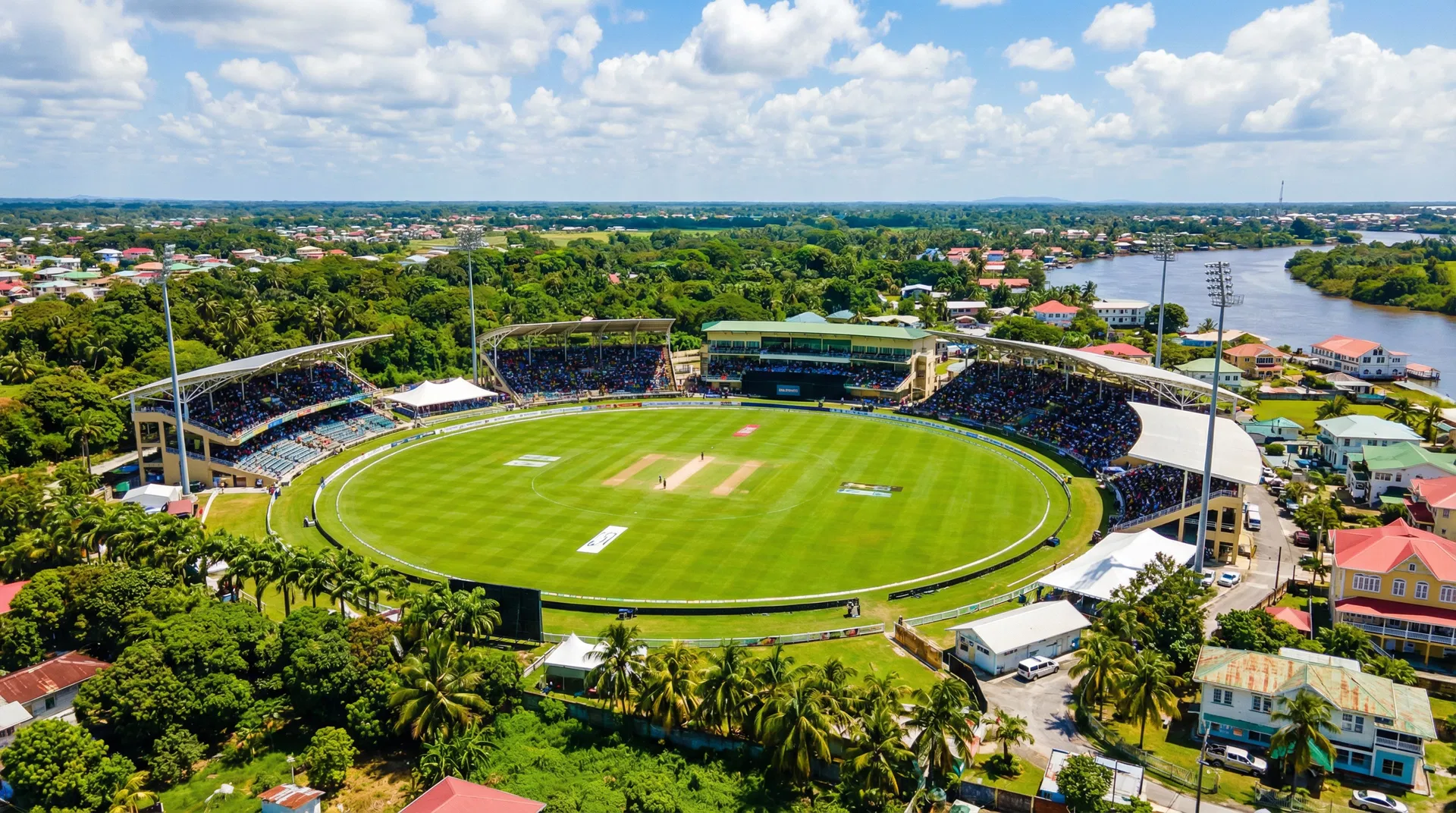 Aerial view of cricket stadium in Georgetown, Guyana