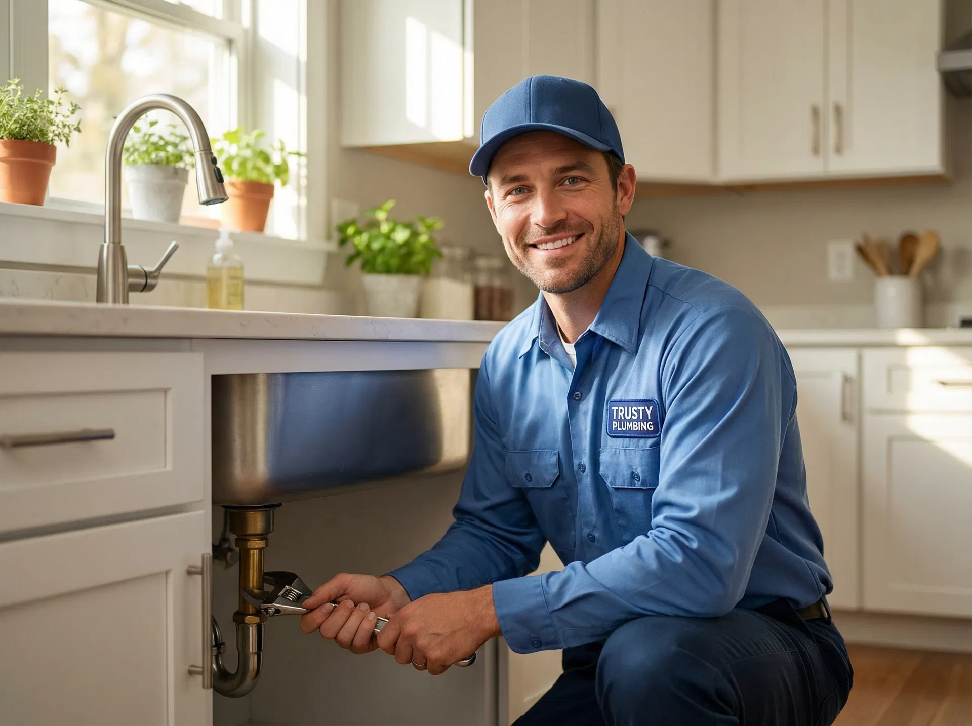Professional PlumbHappy plumber working on kitchen sink plumbing