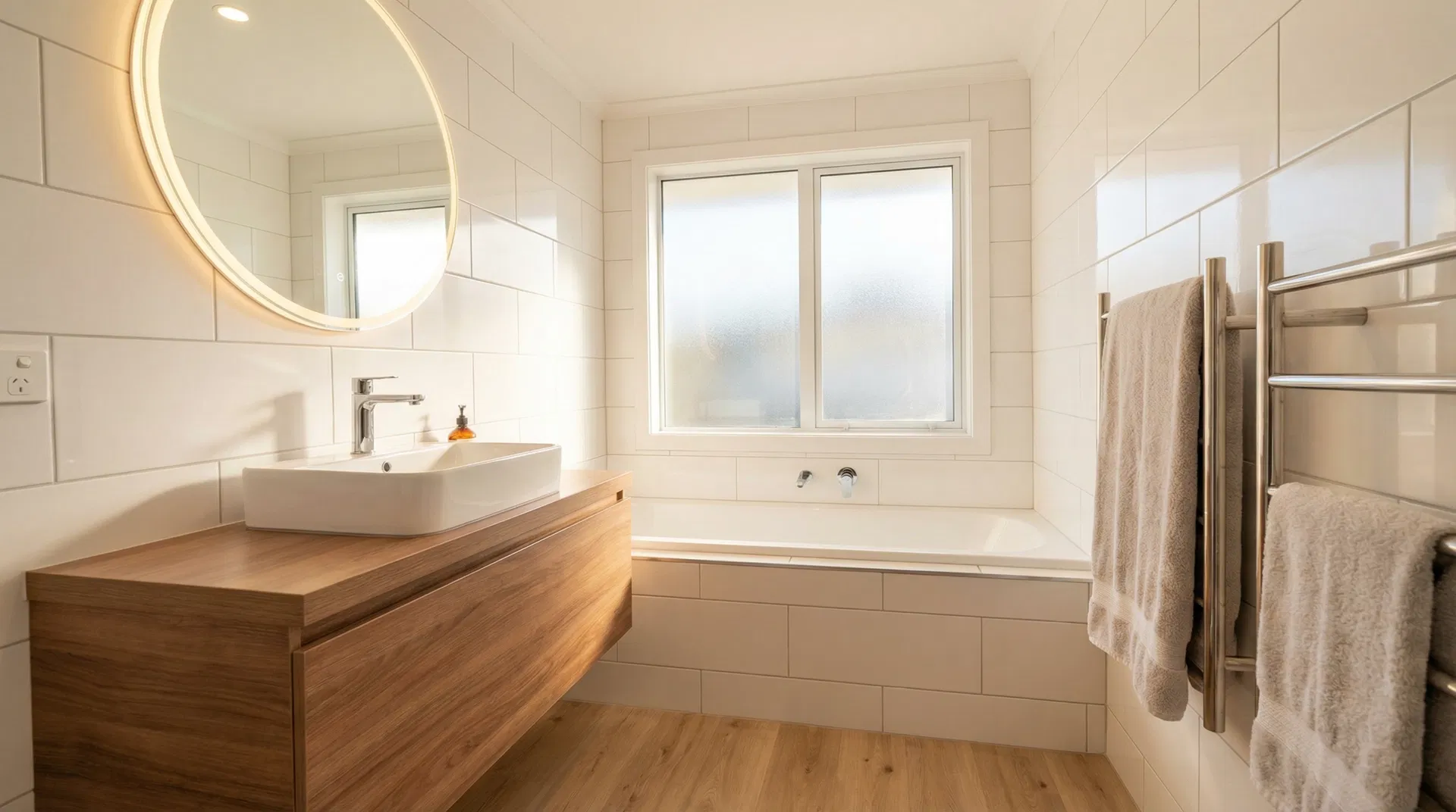Modern bathroom with professional plumbing fixtures installed by PlumbHappy