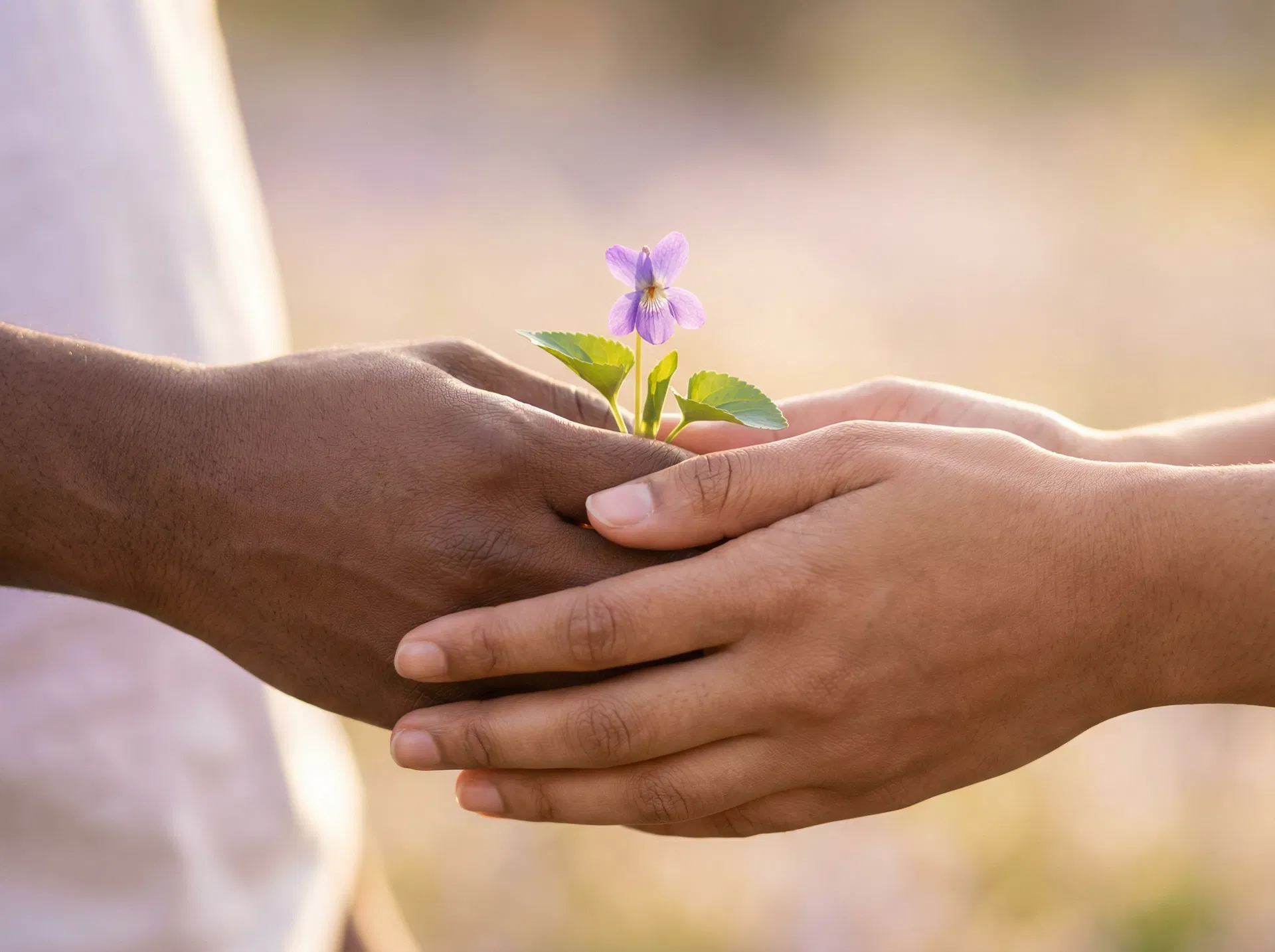 Hands gently holding a violet flower — symbolizing care and support
