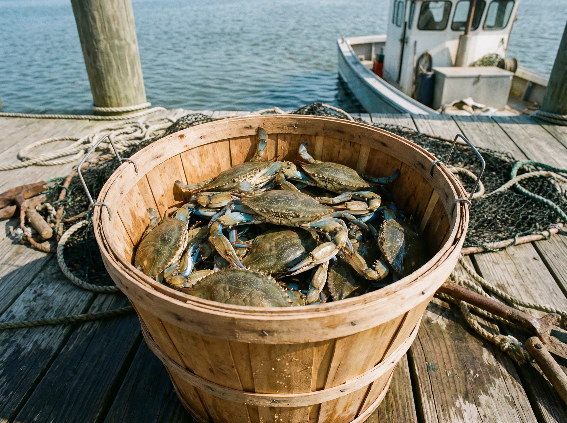 Bushel basket of live blue crabs on a Chesapeake Bay dock in Southern Maryland