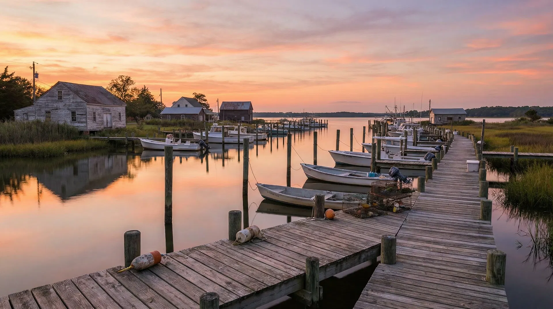 Chesapeake Bay marina at sunset in Southern Maryland with crab boats and wooden docks