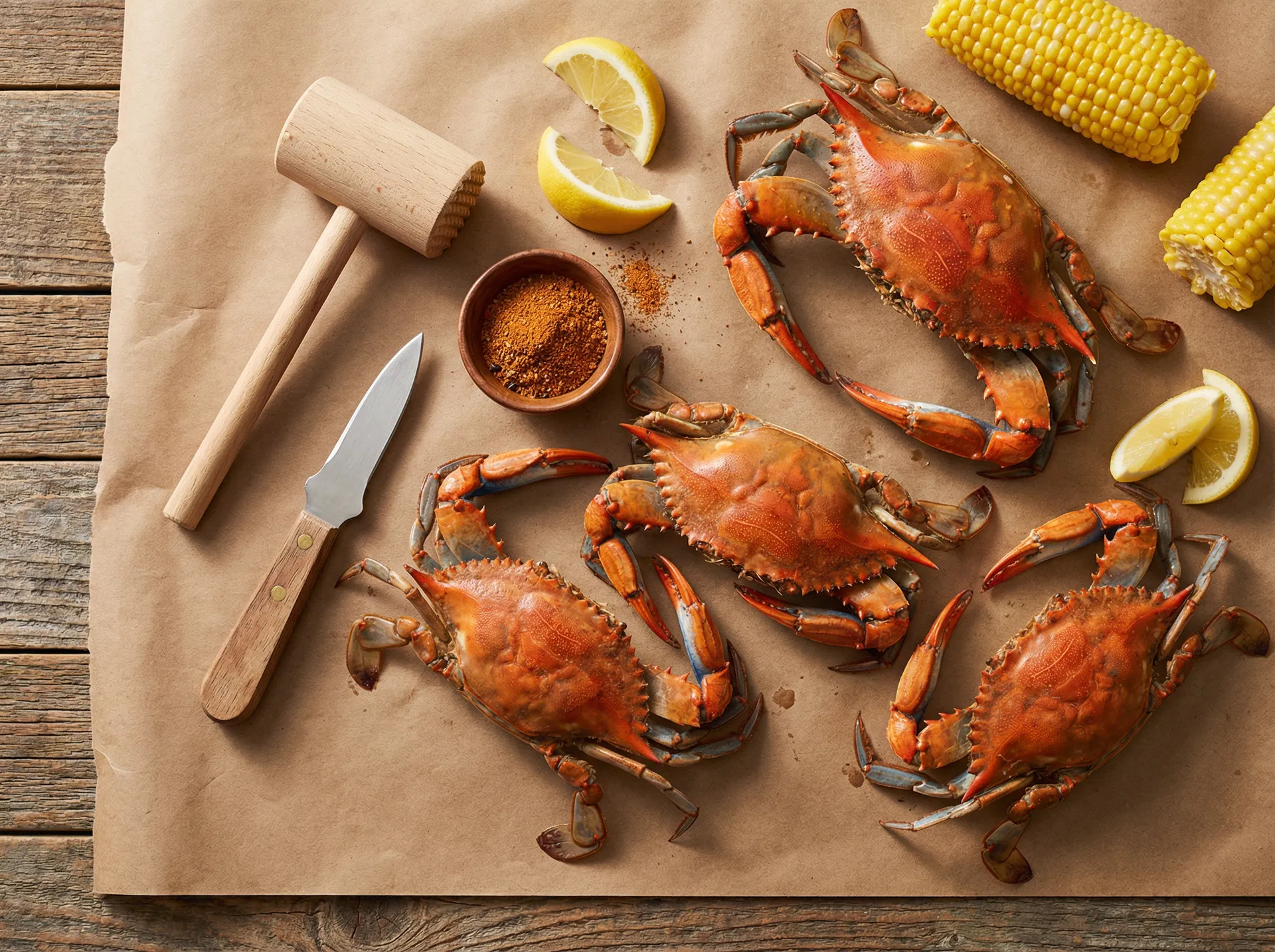Crab feast supplies including wooden mallet, crab knife, Old Bay seasoning, lemon, and corn on brown kraft paper