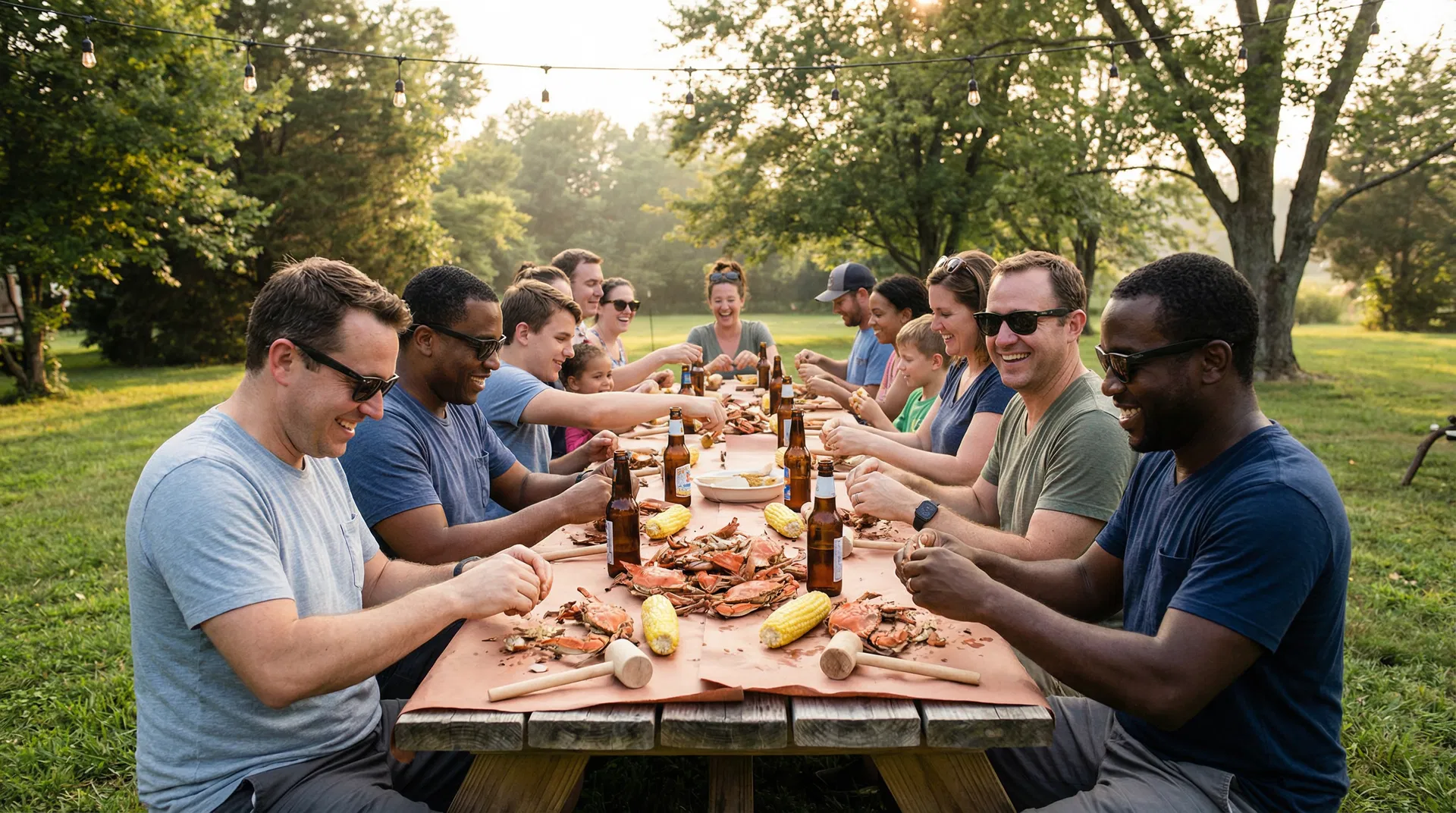 Group of people enjoying a Southern Maryland crab feast outdoors with steamed crabs, corn, and cold drinks