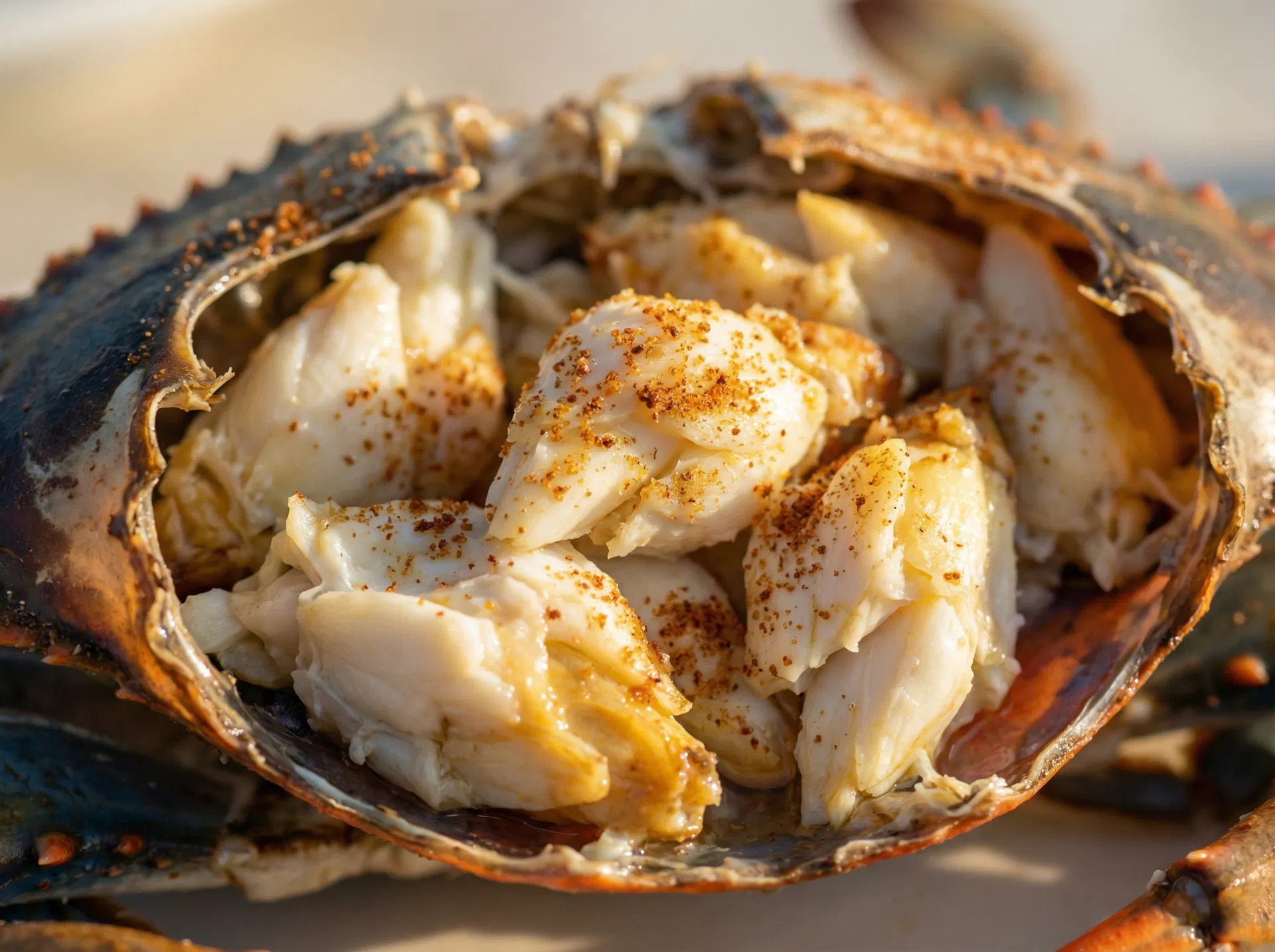 Close-up of fresh lump crab meat inside a cracked blue crab shell with Old Bay seasoning
