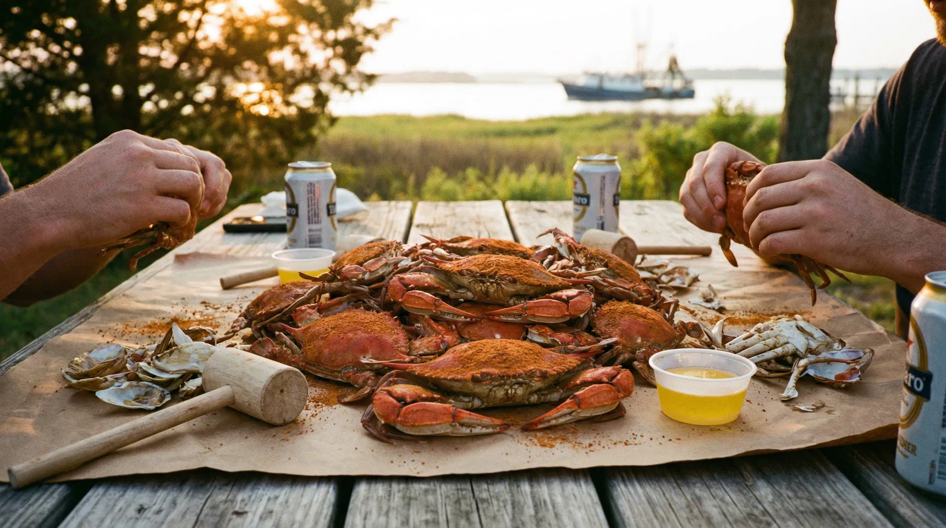 Steamed blue crabs with Old Bay seasoning on brown paper at a Southern Maryland crab feast