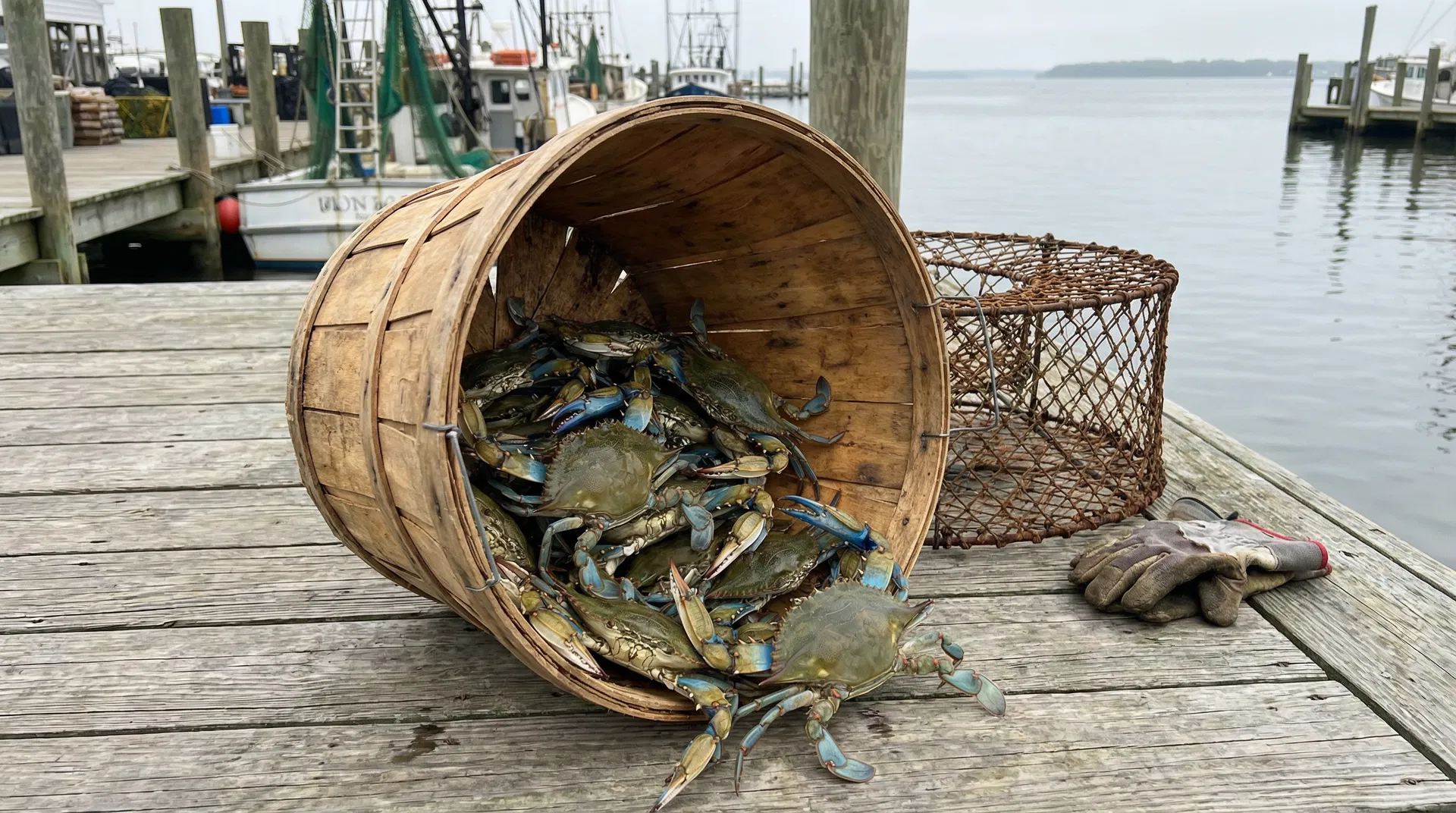 Bushel basket overflowing with live blue crabs on a wooden dock