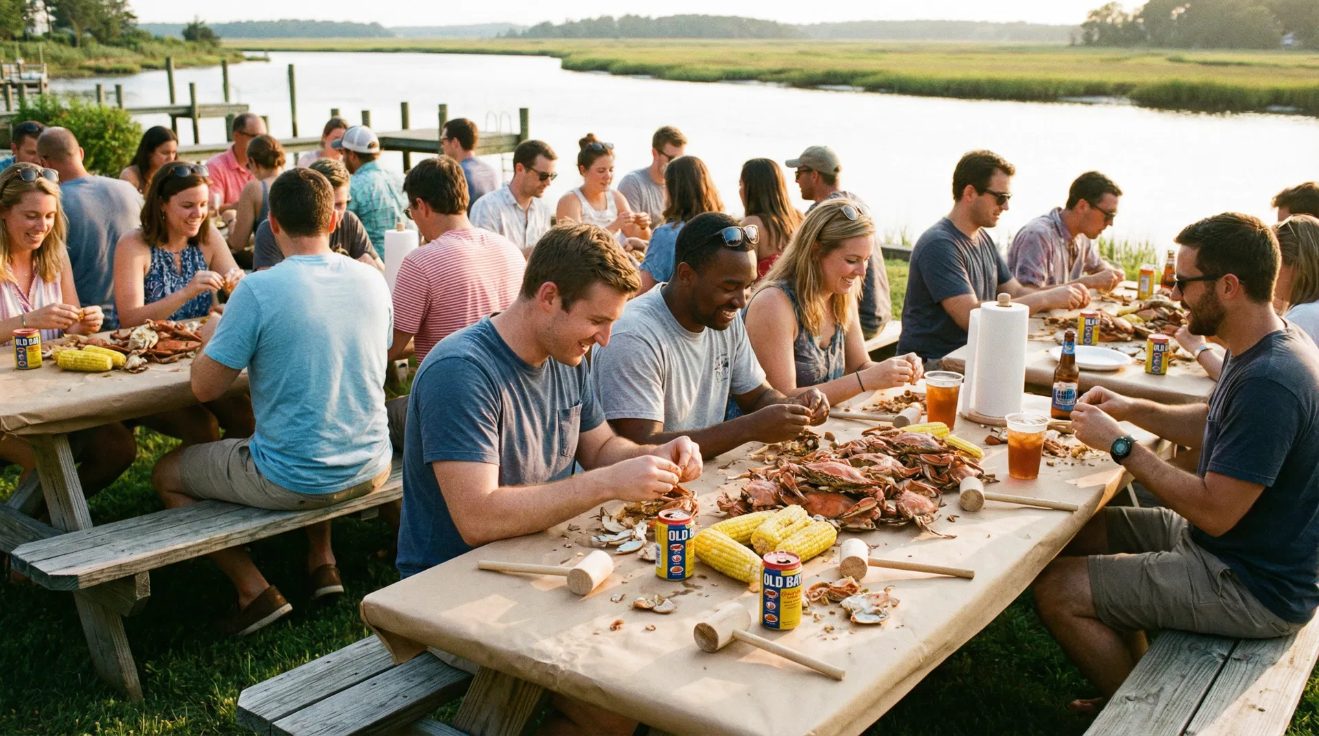 Group of people enjoying steamed crabs at an outdoor waterfront feast