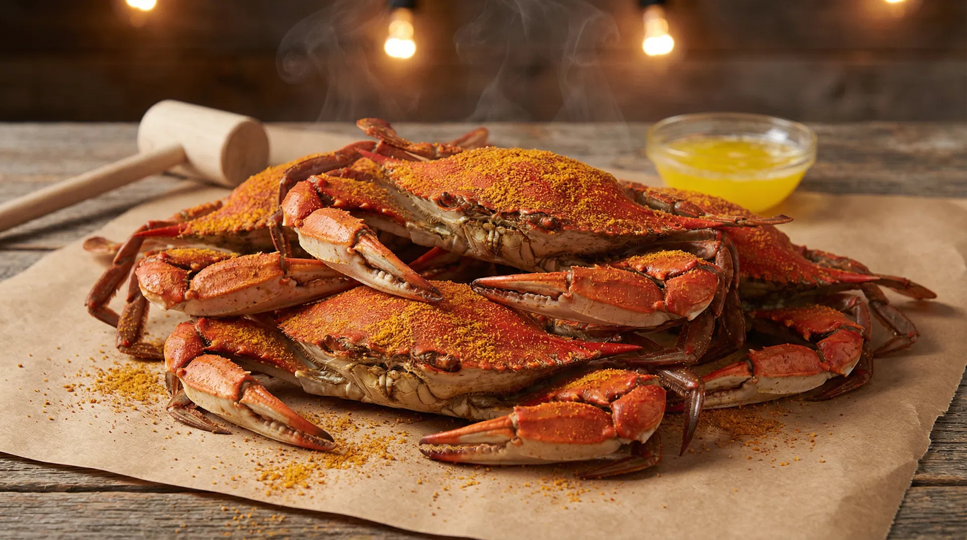 Best steamed blue crabs in Calvert County covered in Old Bay seasoning on brown kraft paper