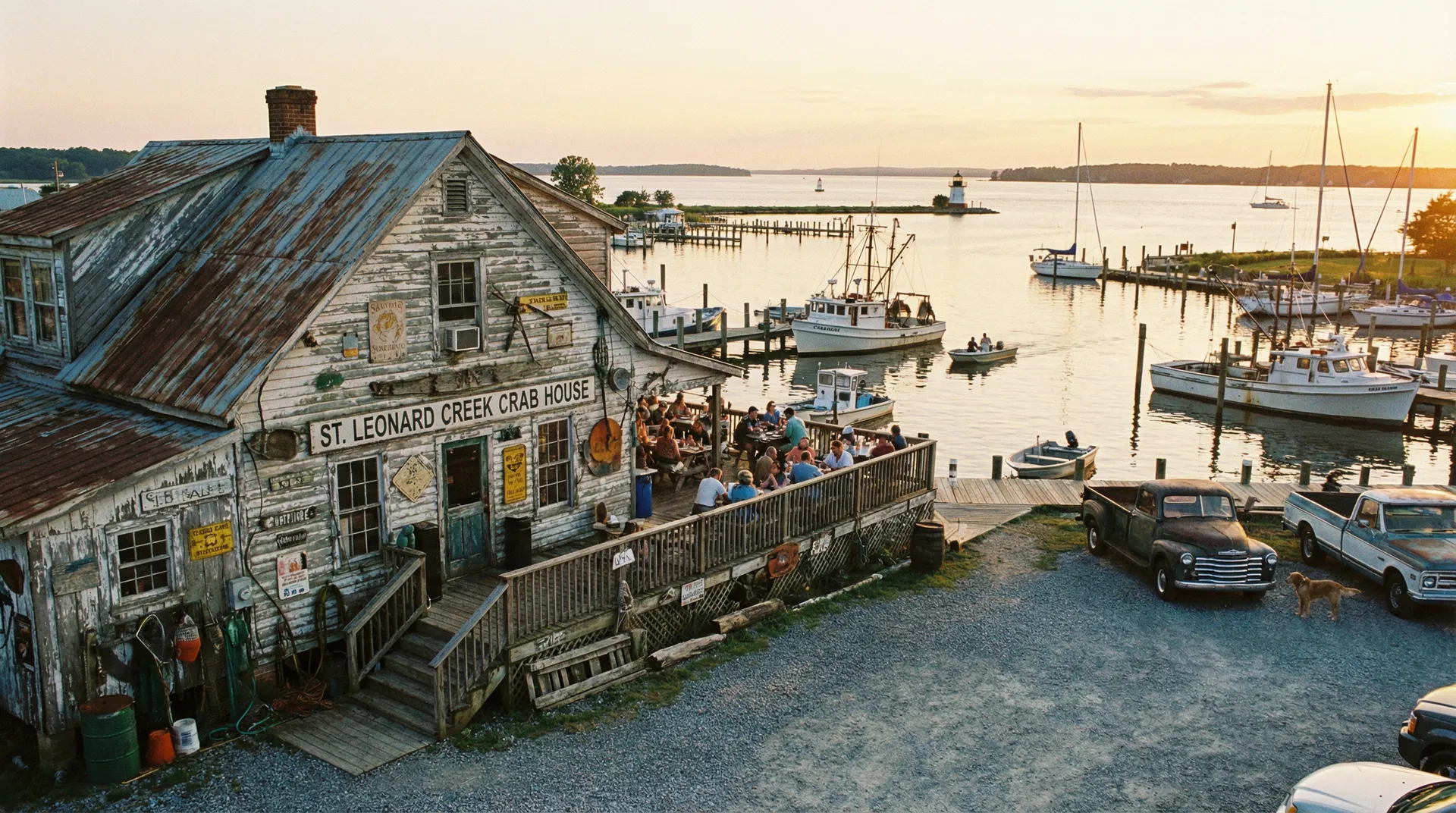 Charming waterfront crab house in Calvert County with docks and Chesapeake Bay views