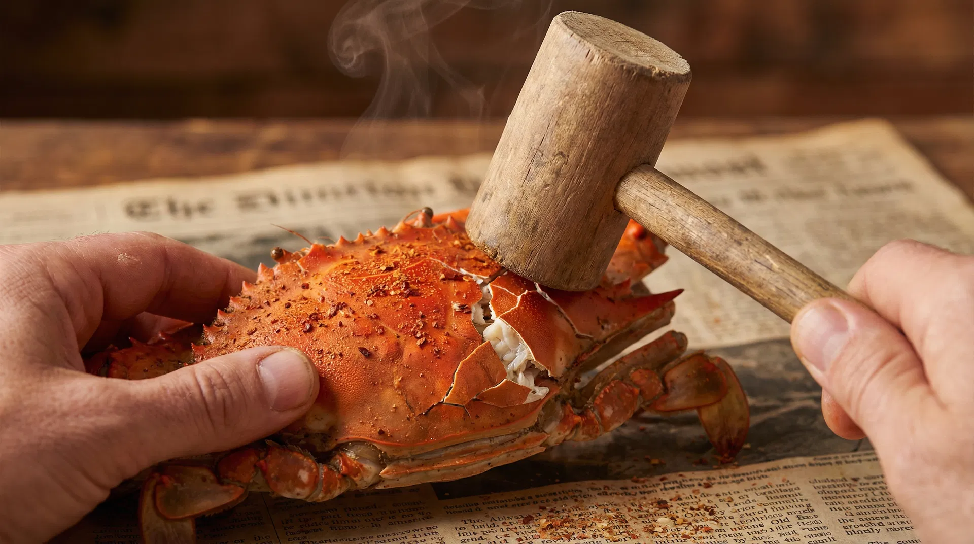 Close-up of hands cracking a steamed blue crab with a wooden mallet