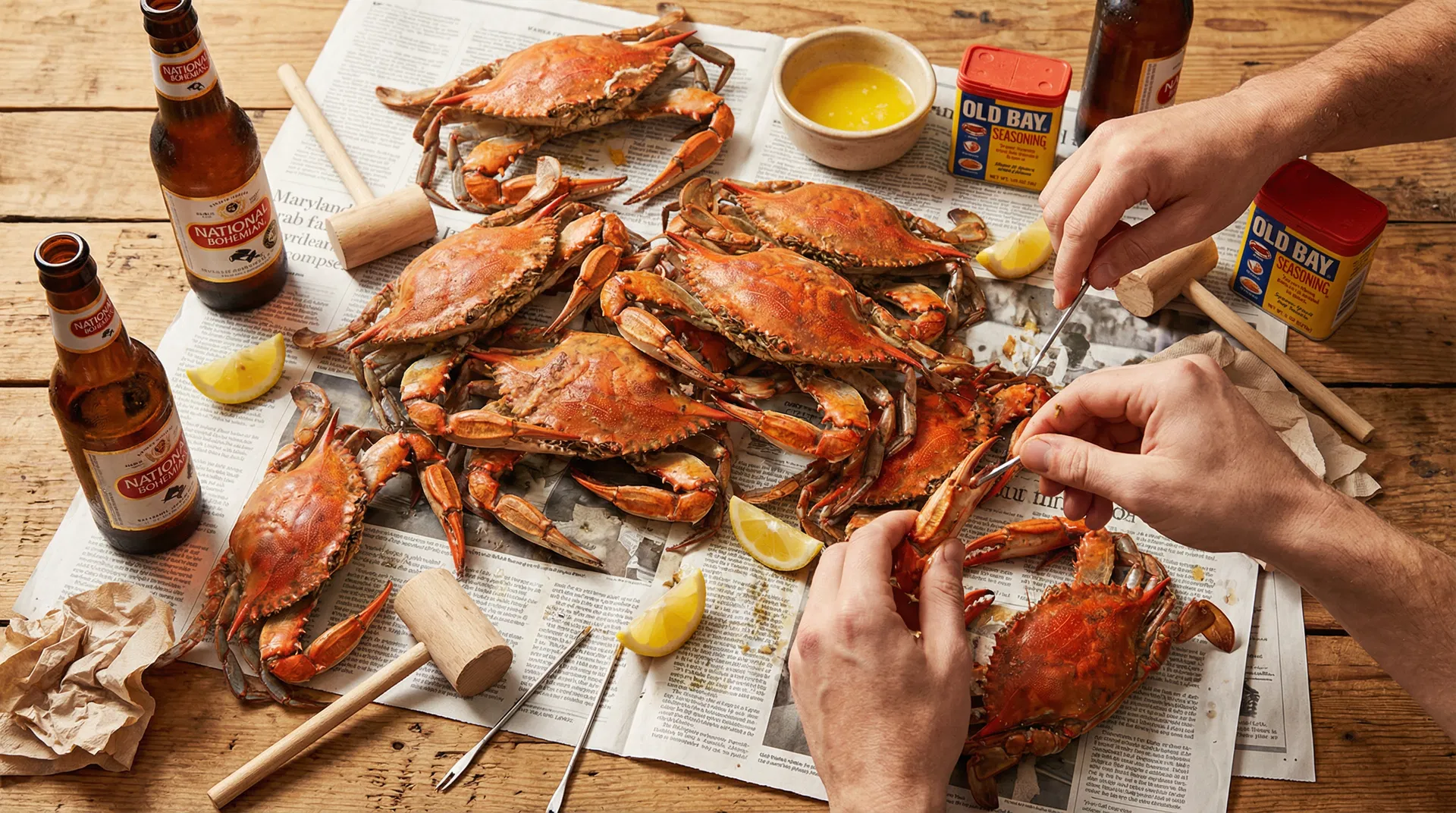 Overhead flat-lay of a crab feast with multiple steamed crabs, tools, and beer