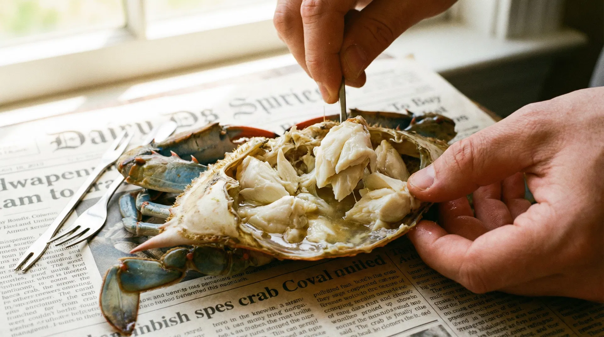 Close-up of hands picking white lump crab meat from body chambers
