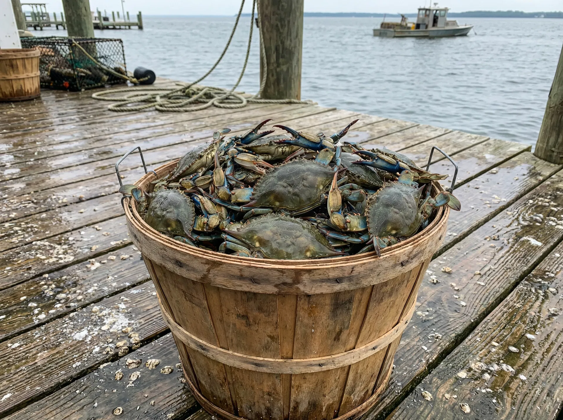 Bushel basket of live blue crabs on a Chesapeake Bay dock during Maryland crab season