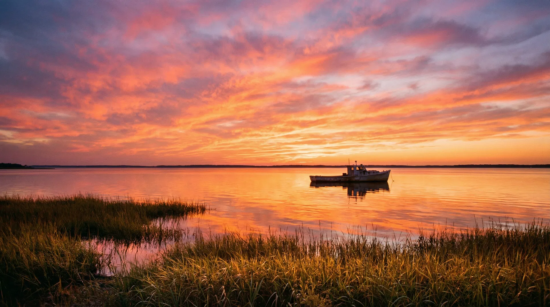Chesapeake Bay sunset in Southern Maryland during crab season with crab boat silhouette