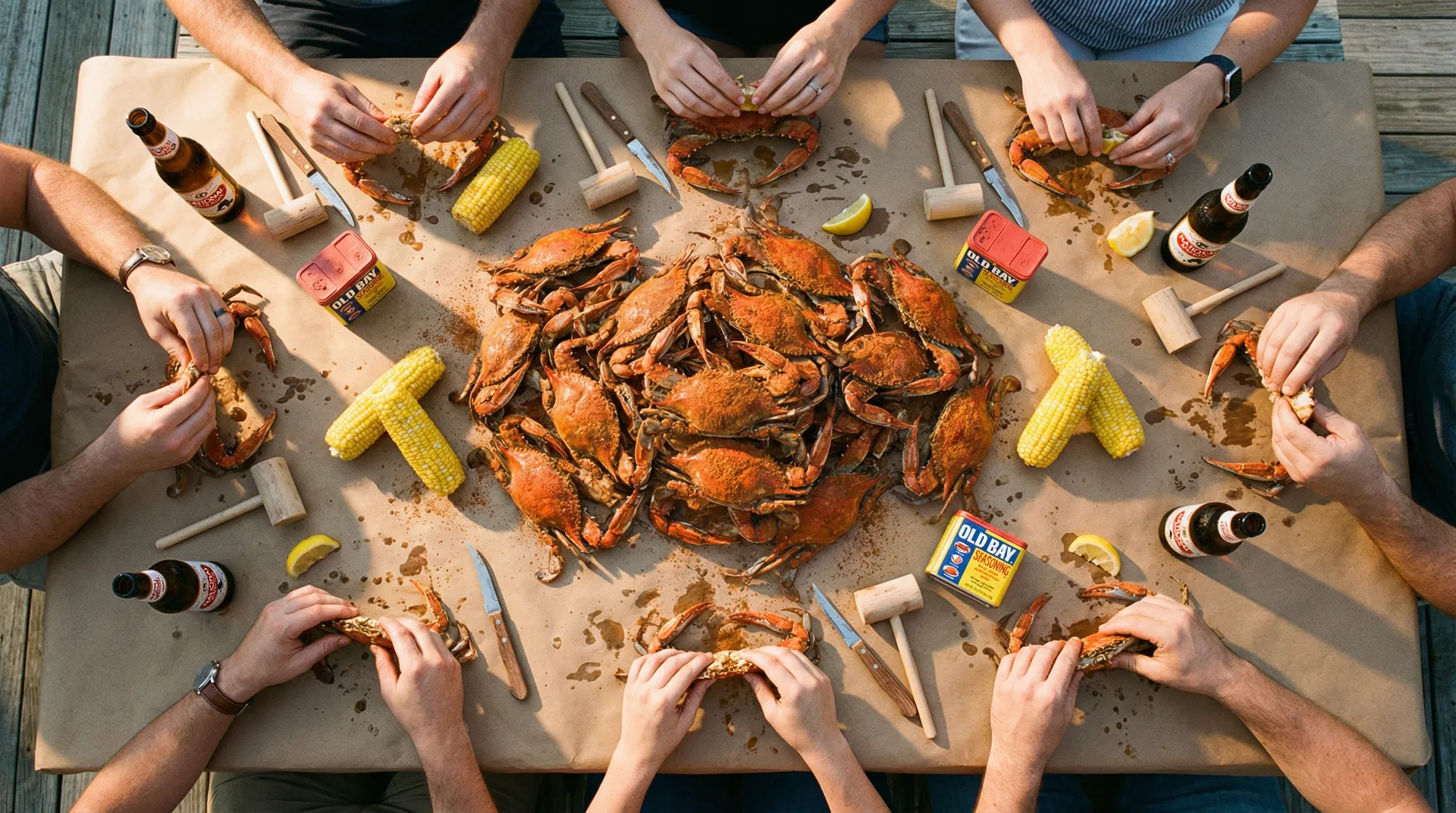 Maryland crab feast table with steamed crabs on brown paper, Old Bay, corn, and beer during peak crab season