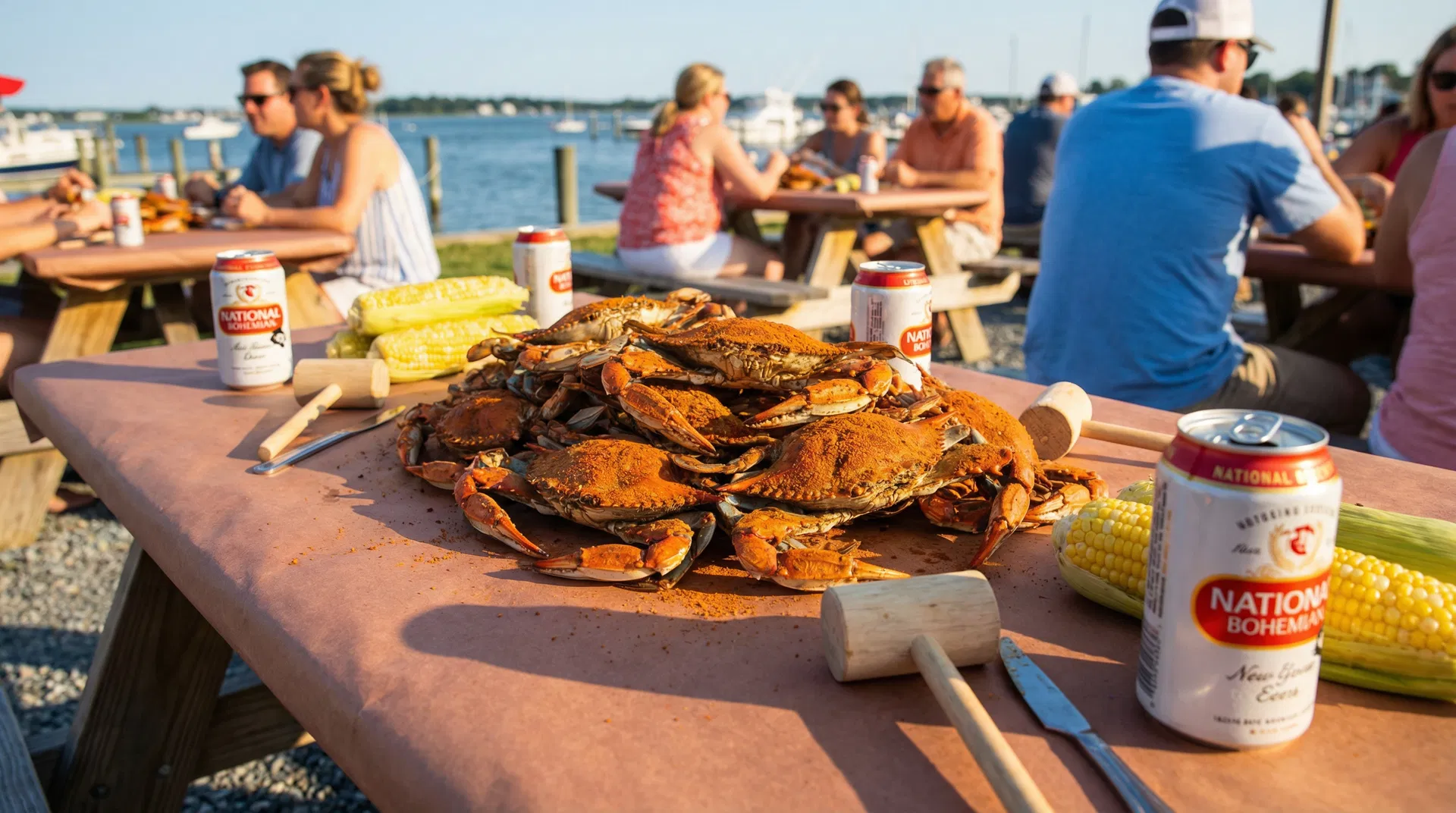 Maryland blue crab season steamed crabs with Old Bay seasoning at a waterfront crab feast