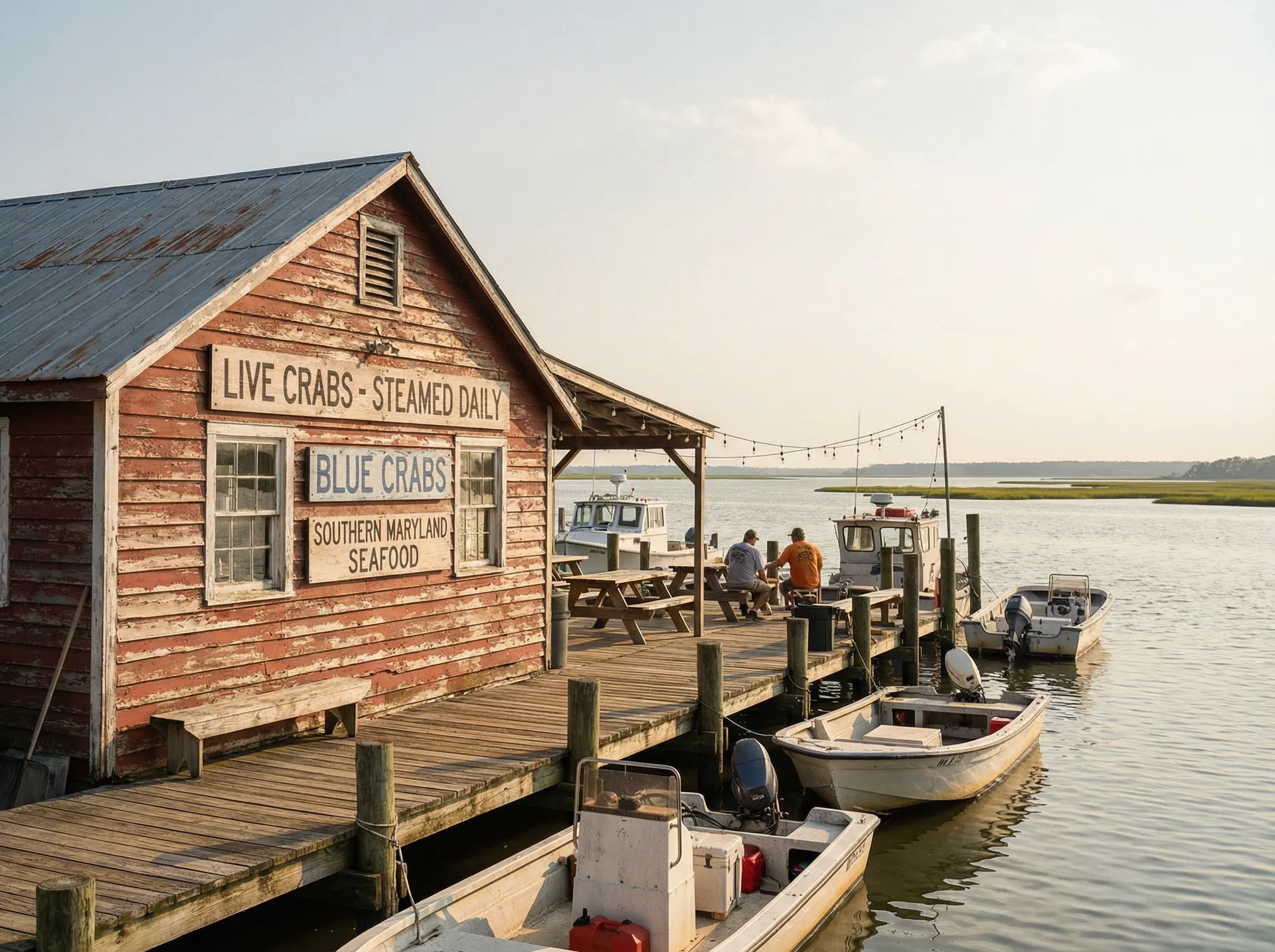 Waterfront seafood shack in Southern Maryland selling live and steamed blue crabs during crab season
