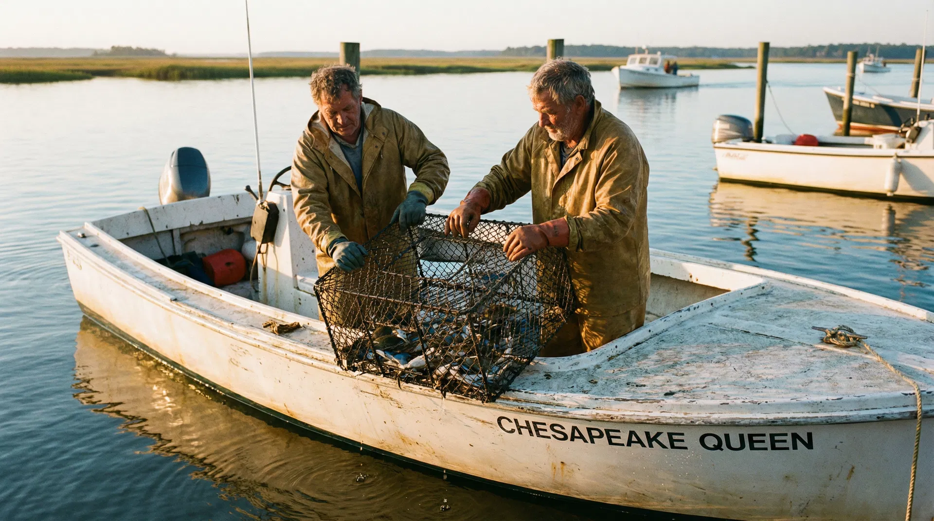 Maryland watermen pulling crab pots on the Chesapeake Bay during crab season