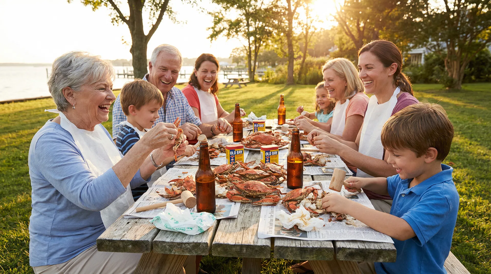 Multi-generational family enjoying a crab feast around a table