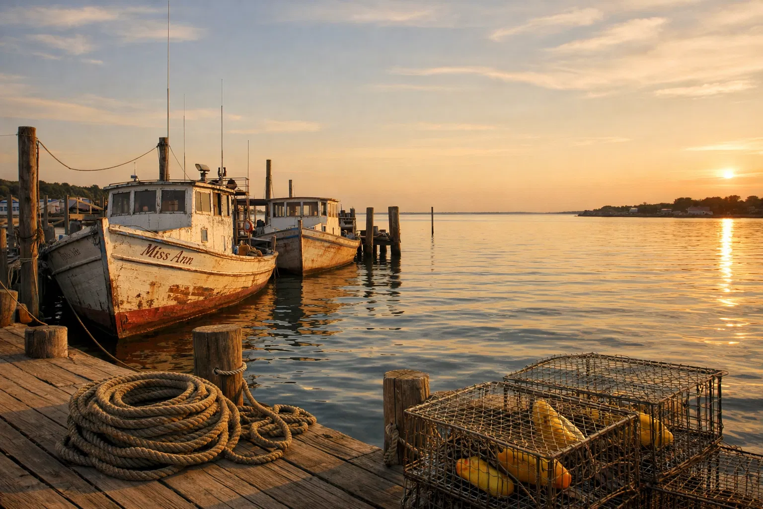 Chesapeake Bay crab boats at sunset