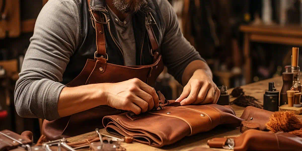 Artisan hand-stitching a premium golf bag
