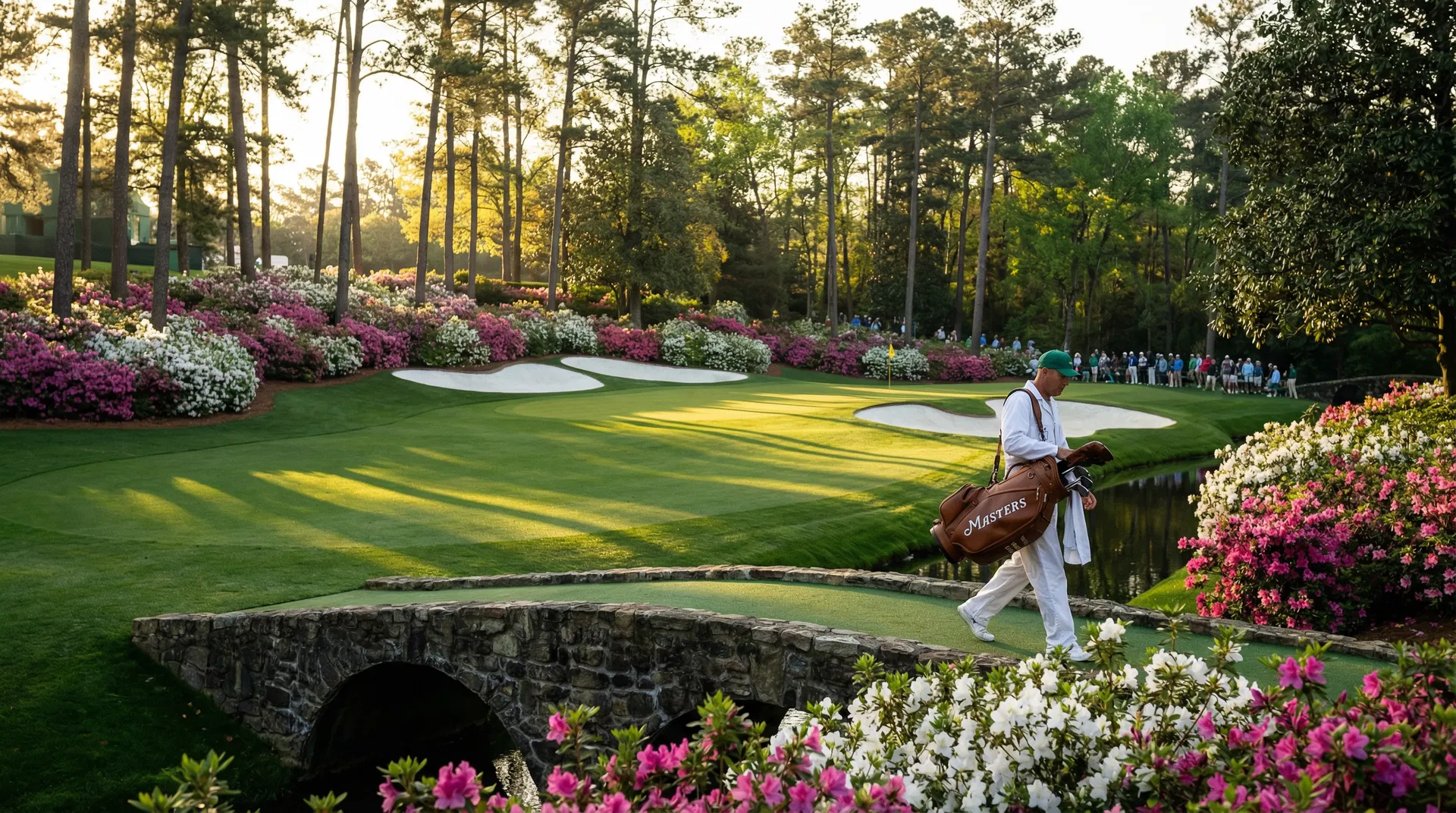 Augusta National Golf Club Amen Corner with blooming azaleas and caddie carrying Masters staff bag — golf bag branding lessons from The Masters 2025