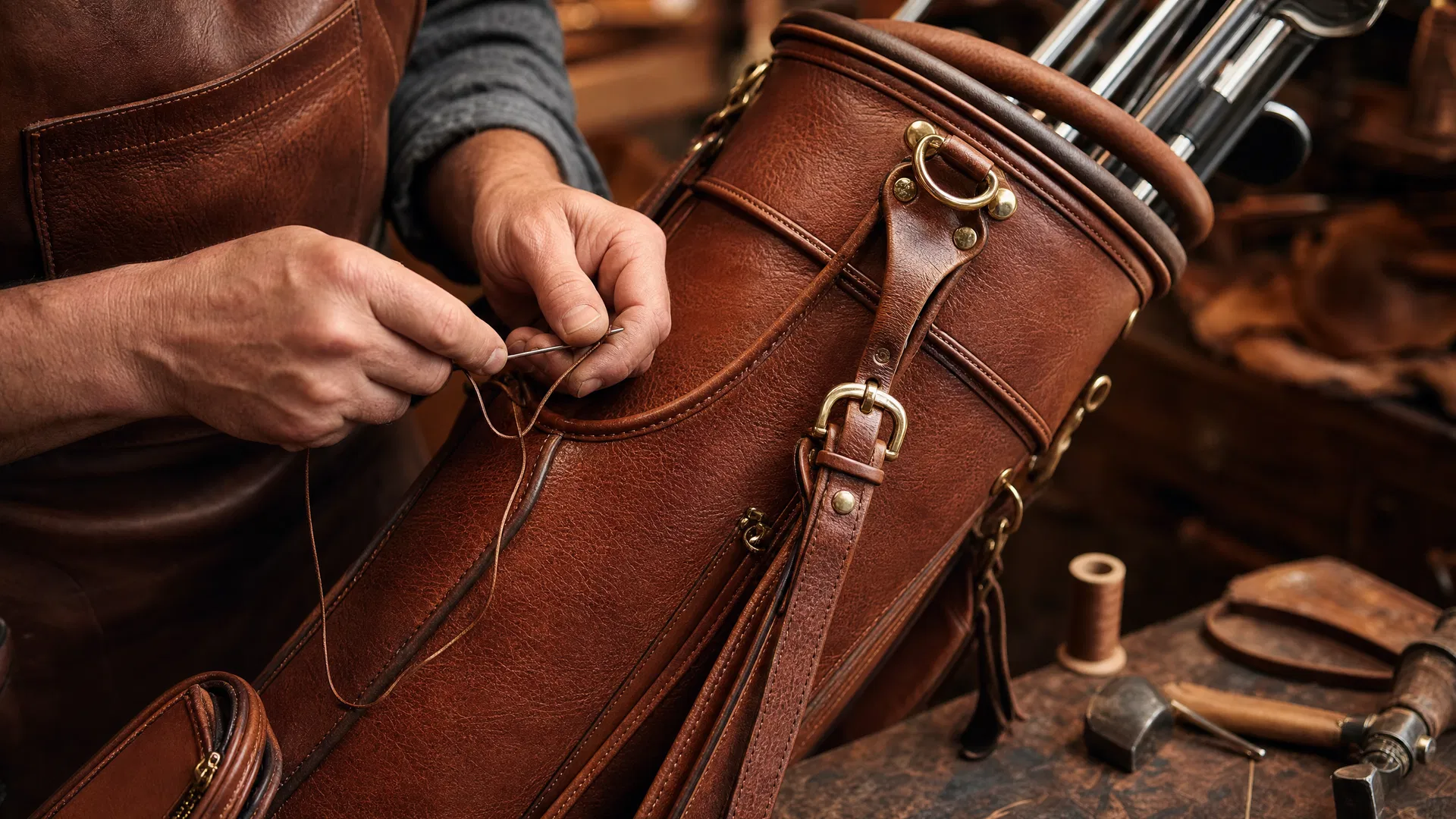 Every Links Sports Co leather golf bag is hand-stitched by skilled craftsmen — a process that cannot be replicated by machines
