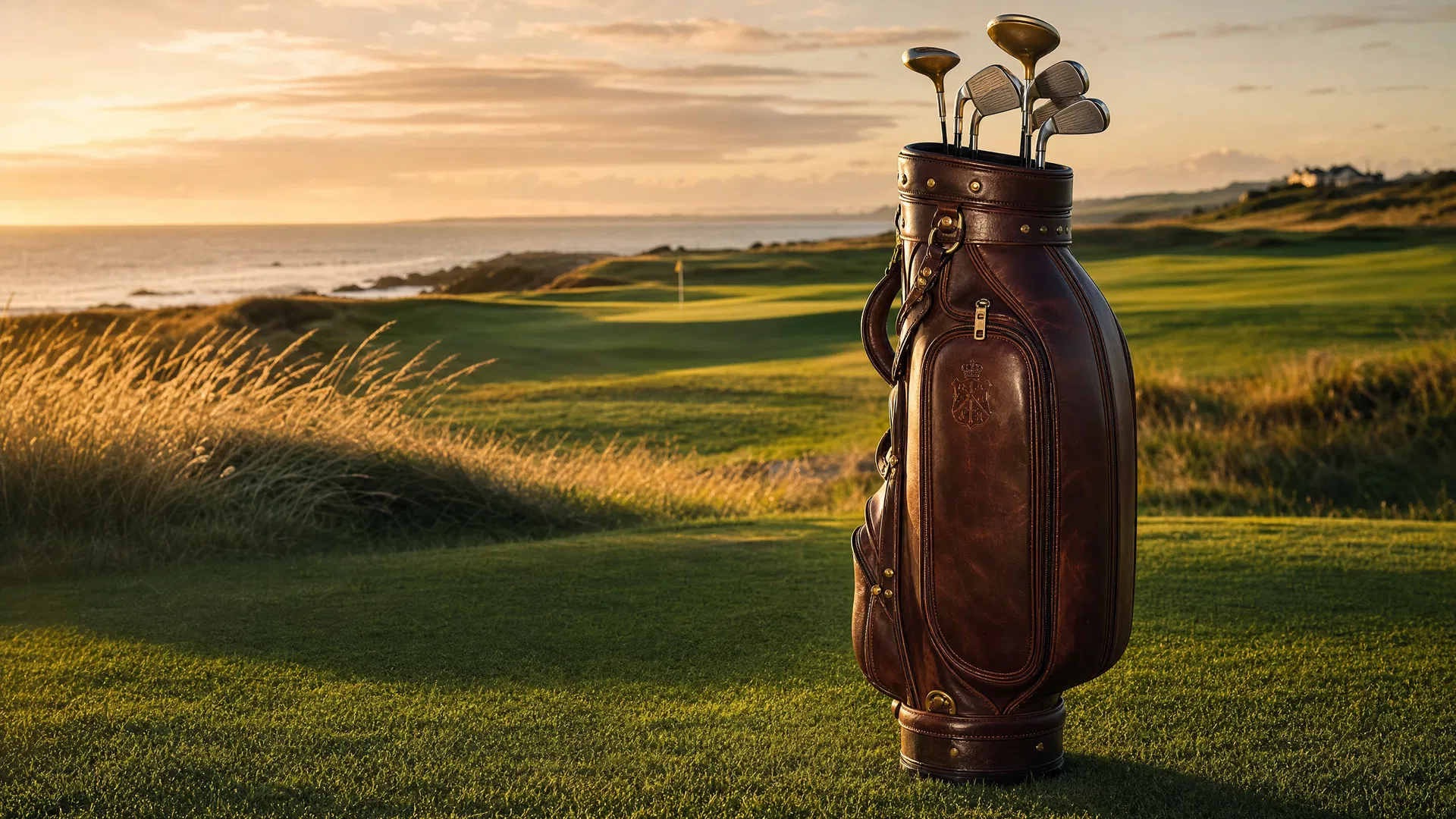 A Links Sports Co Italian leather golf bag on a classic links course — built to outlast trends, seasons, and decades
