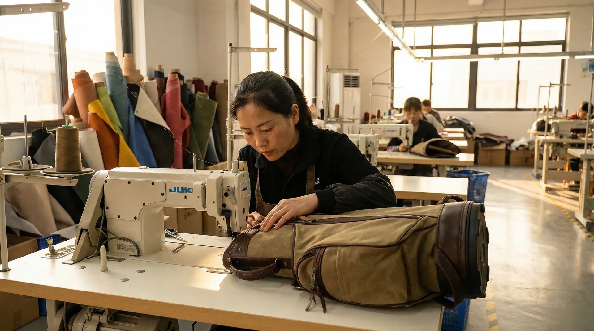 Skilled Chinese craftswomen hand-stitching premium canvas golf bags on industrial sewing machines at Links Sports Co factory
