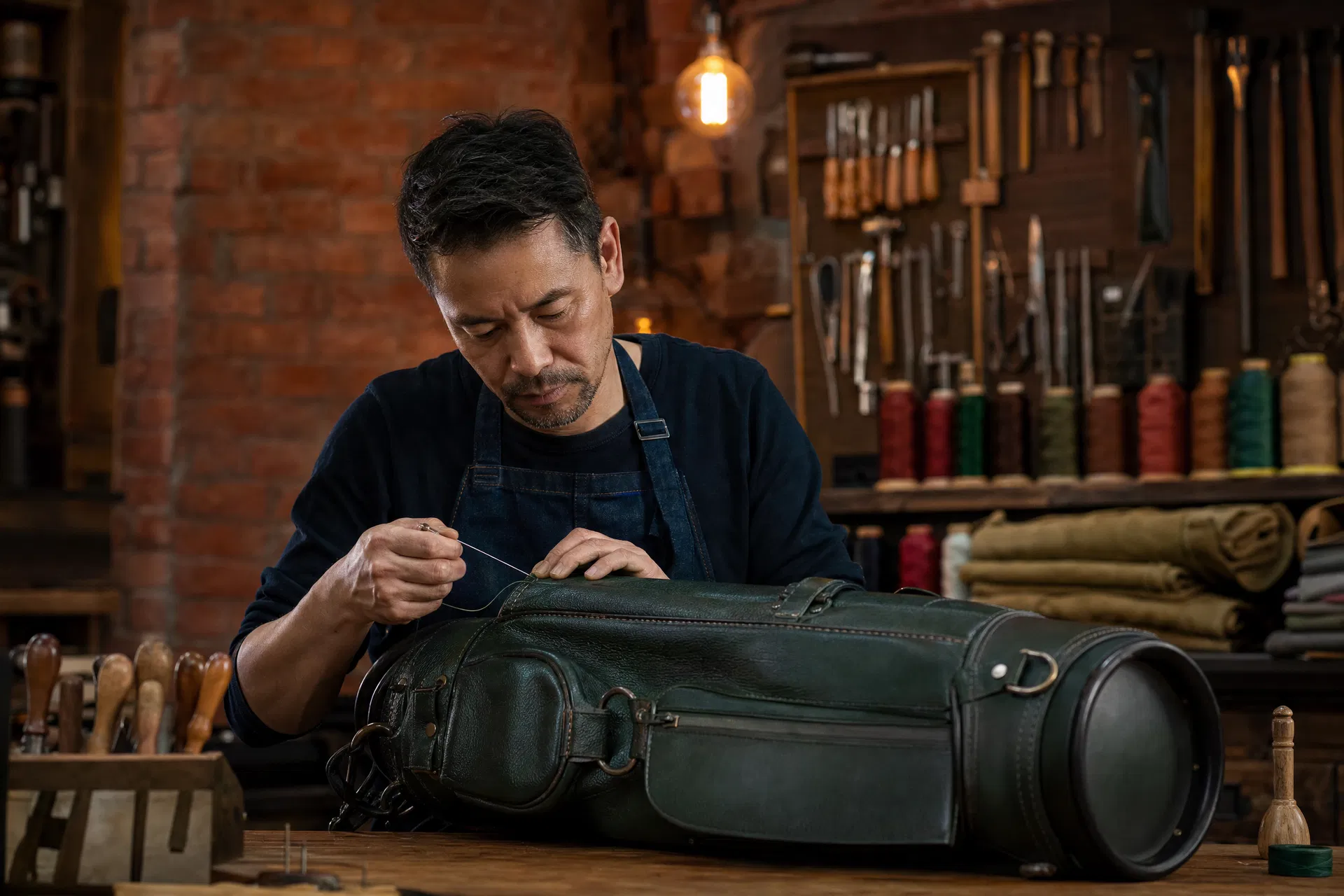 Links Sports Co craftsman hand-stitching a premium leather golf bag in our factory workshop