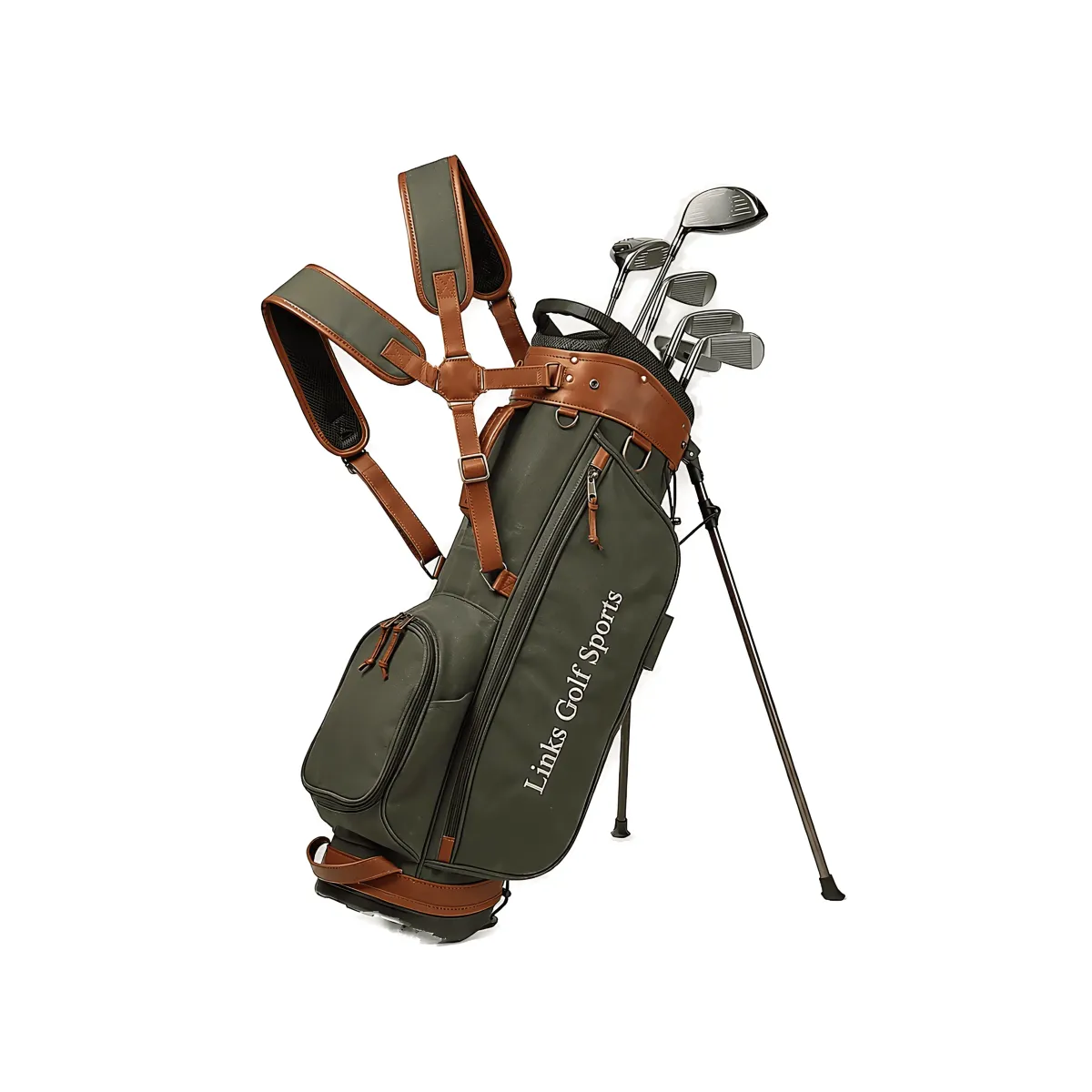 Wholesale junior canvas and leather stand golf bag for ages 11-17 - 16oz waxed canvas, padded strap, auto-deploy legs - OEM custom logo available — view 5