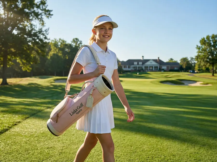 Wholesale junior girls canvas and leather Sunday golf bag for ages 11-17 - 16oz waxed canvas, padded strap - OEM custom logo and colors available